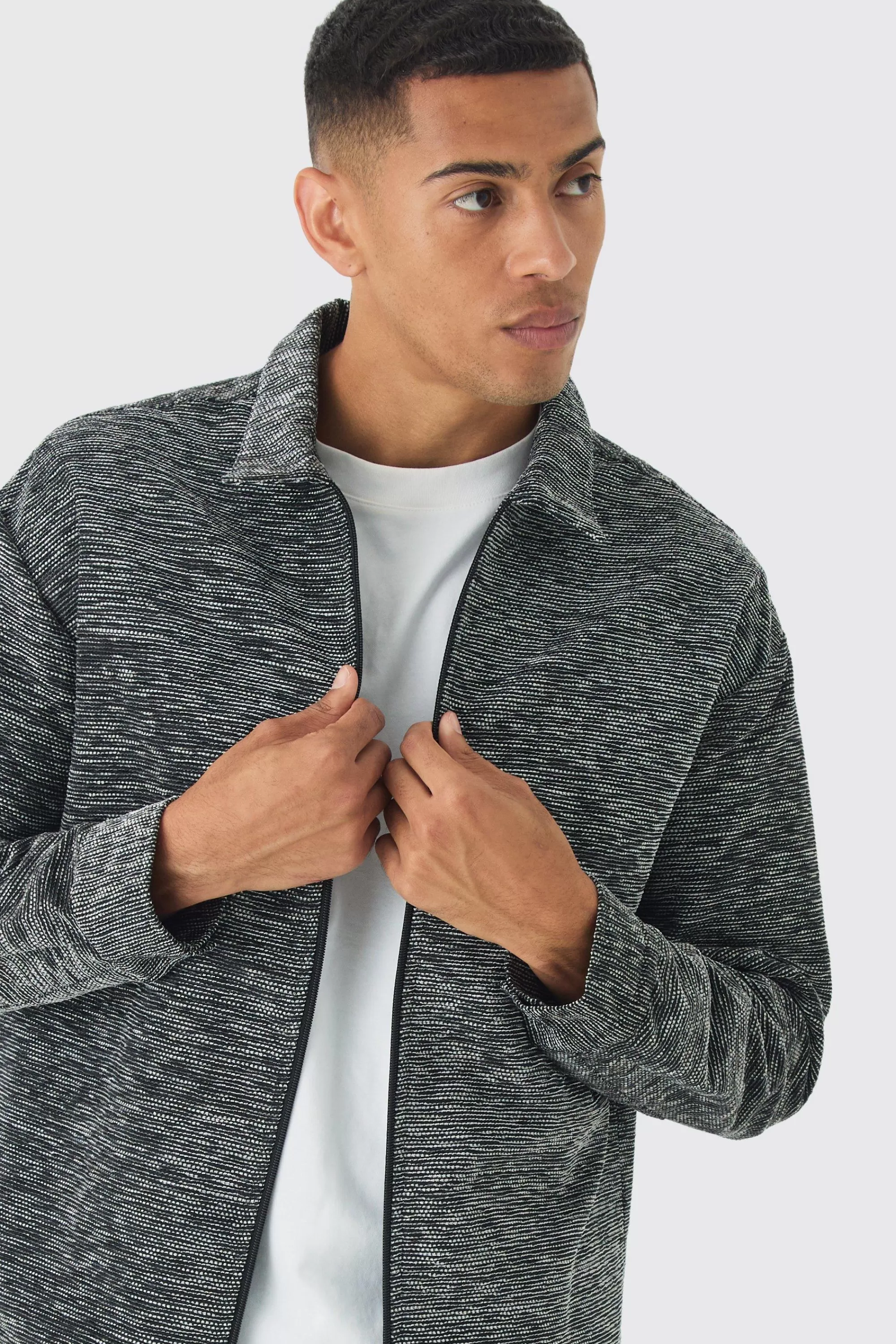 boohooMAN Oversized Fit Zip Through Textured Shirt | UK