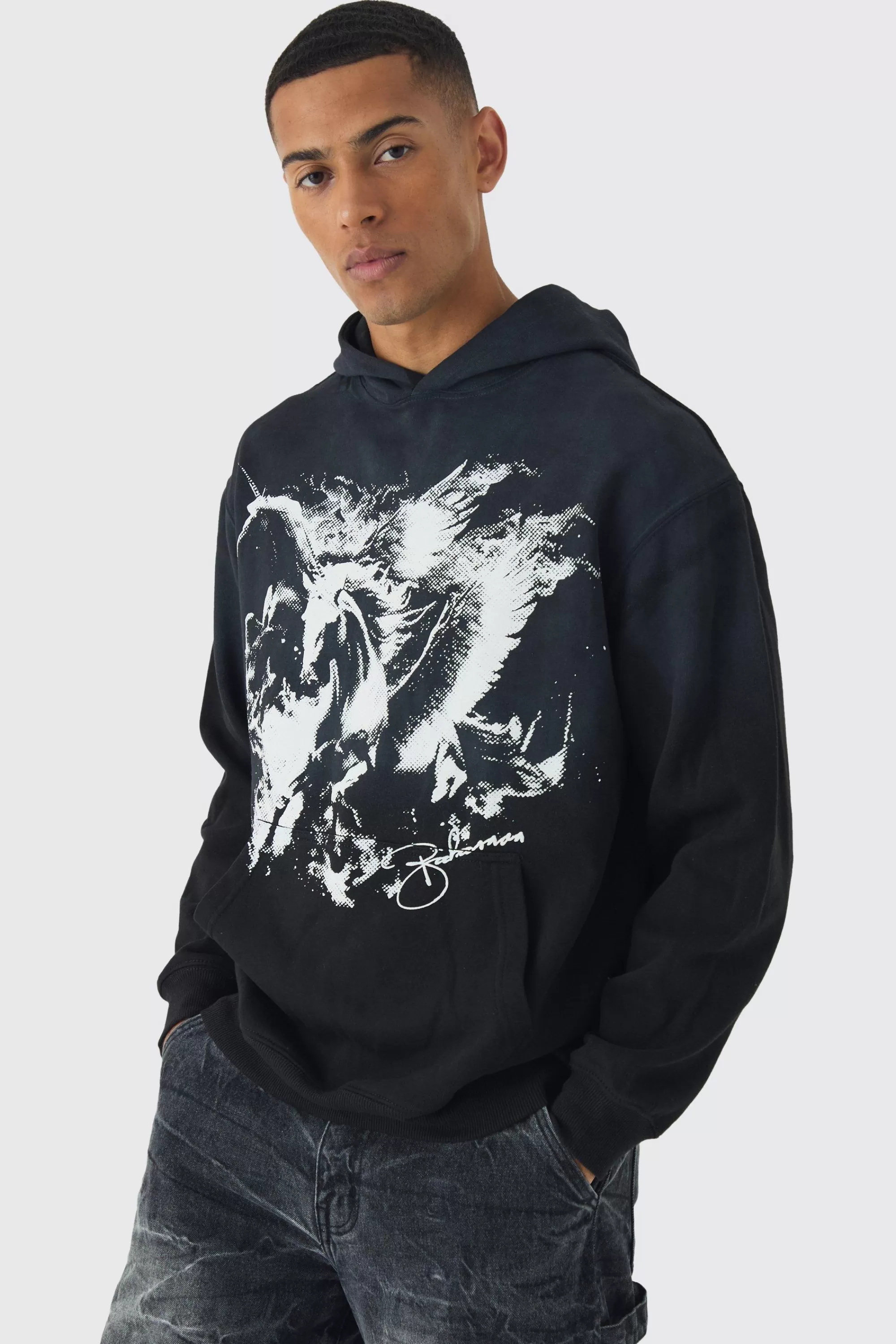 boohooMAN Oversized Flame Horse Printed Spray Wash Hoodie | UK