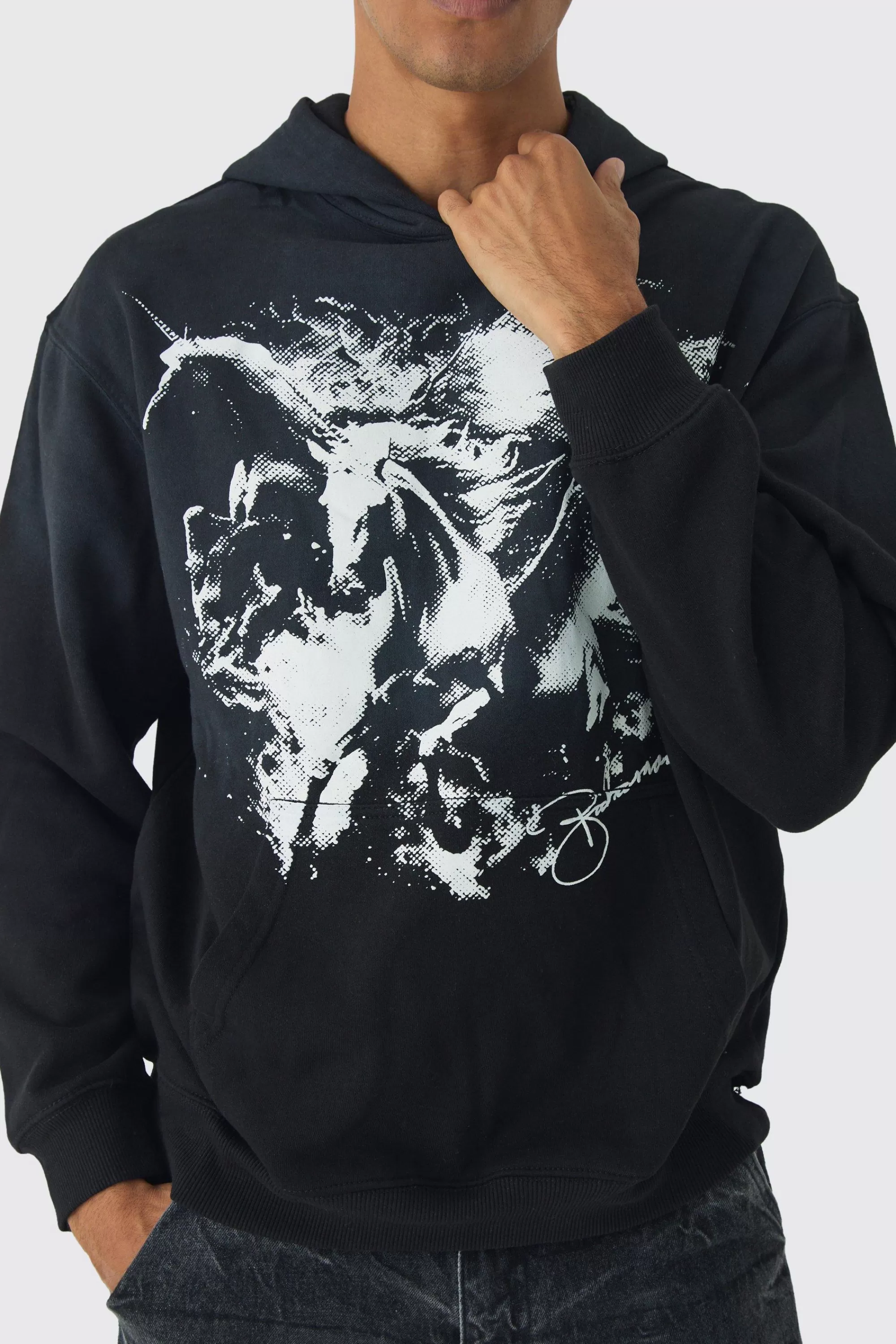 boohooMAN Oversized Flame Horse Printed Spray Wash Hoodie | UK