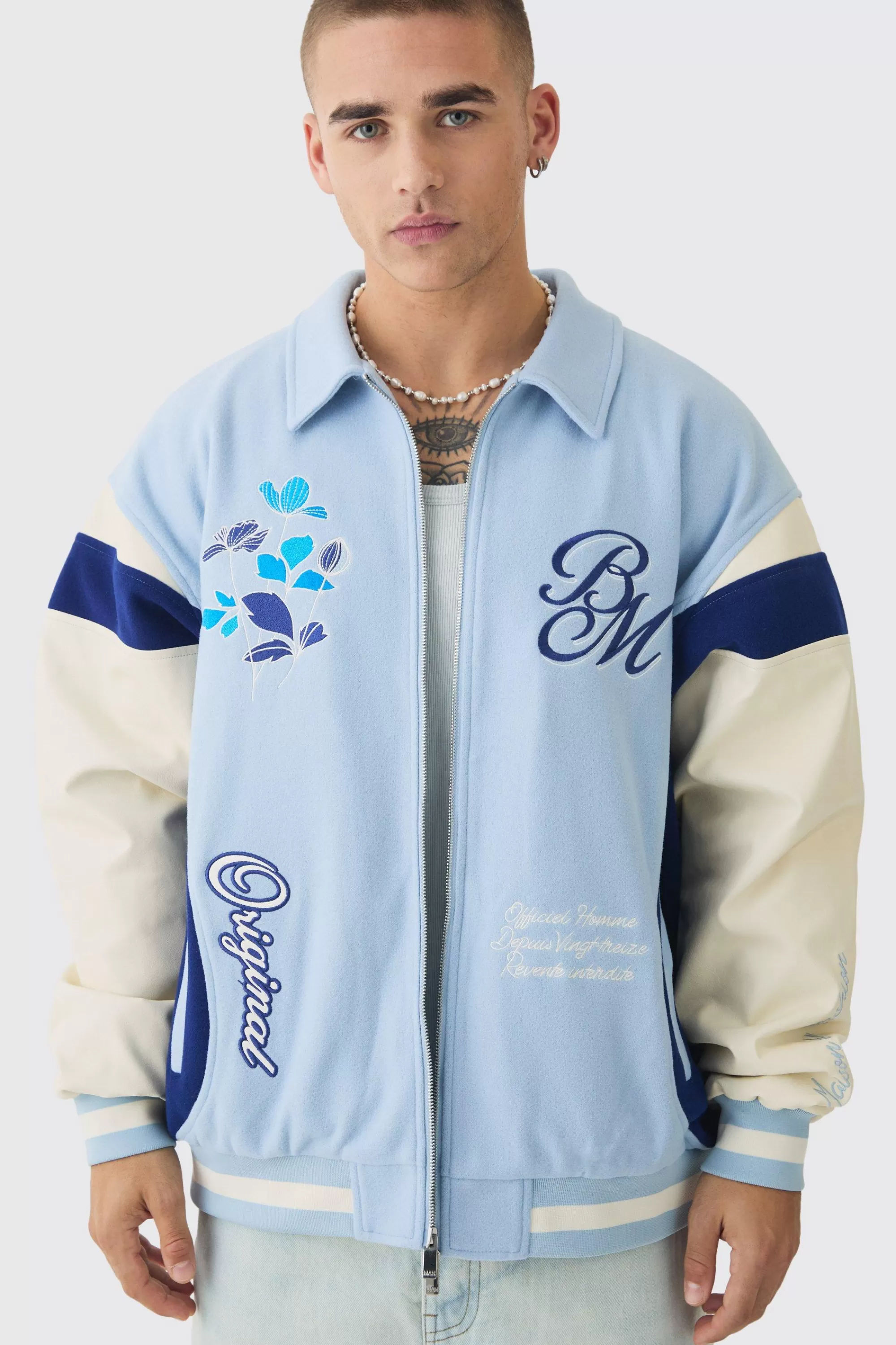 boohooMAN Oversized Floral Badge Collared Varsity Jacket In | UK