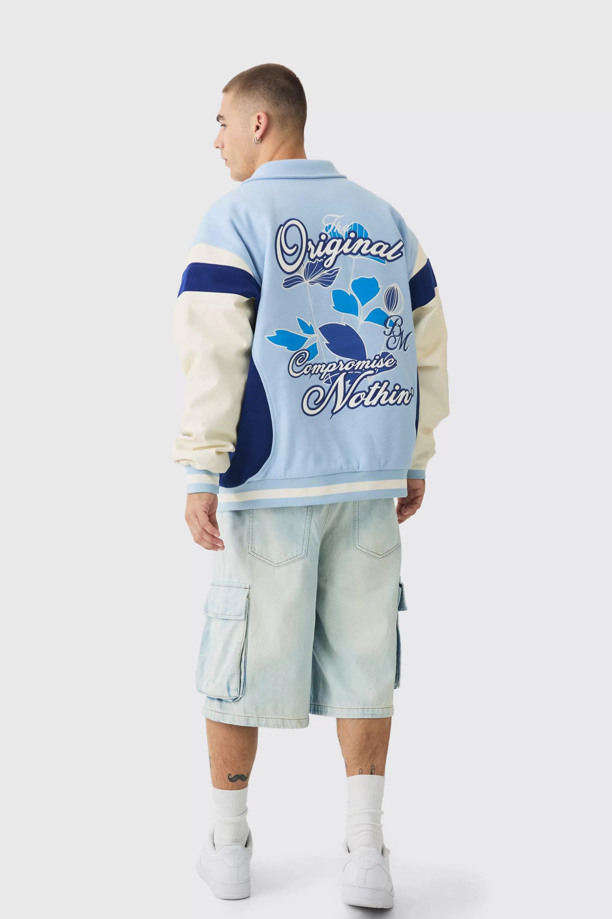 boohooMAN Oversized Floral Badge Collared Varsity Jacket In | UK