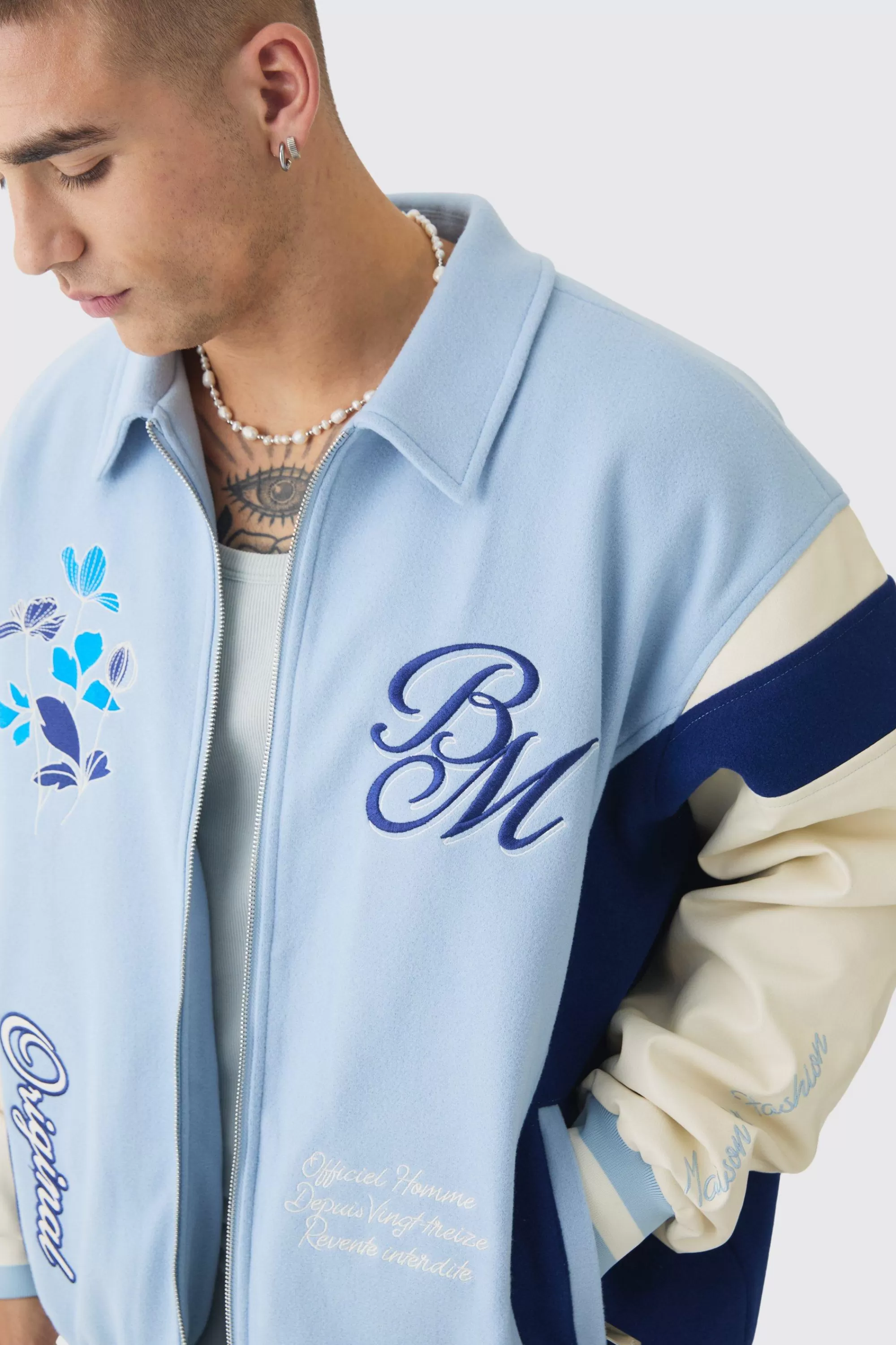 boohooMAN Oversized Floral Badge Collared Varsity Jacket In | UK