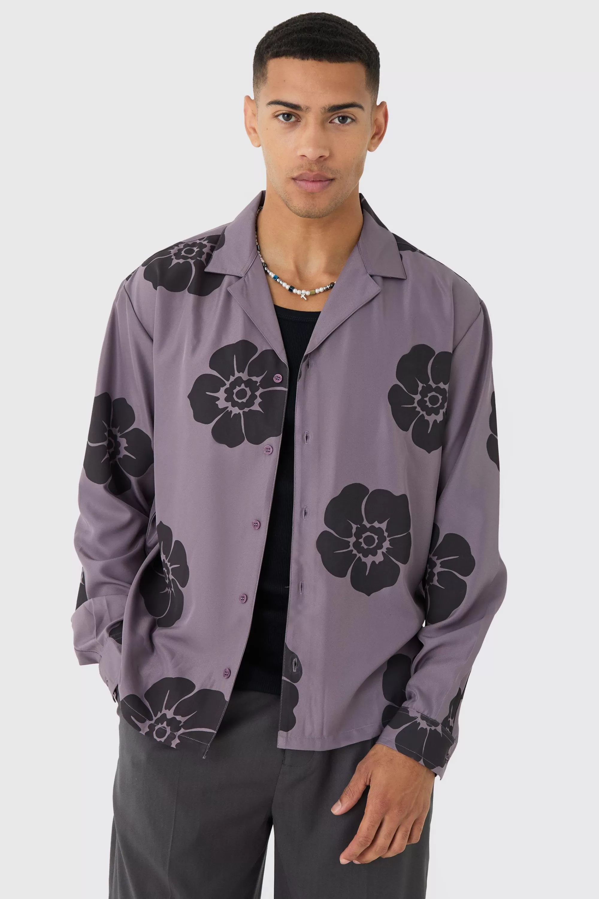 boohooMAN Oversized Floral Print Soft Twill Long Sleeve Shirt | UK