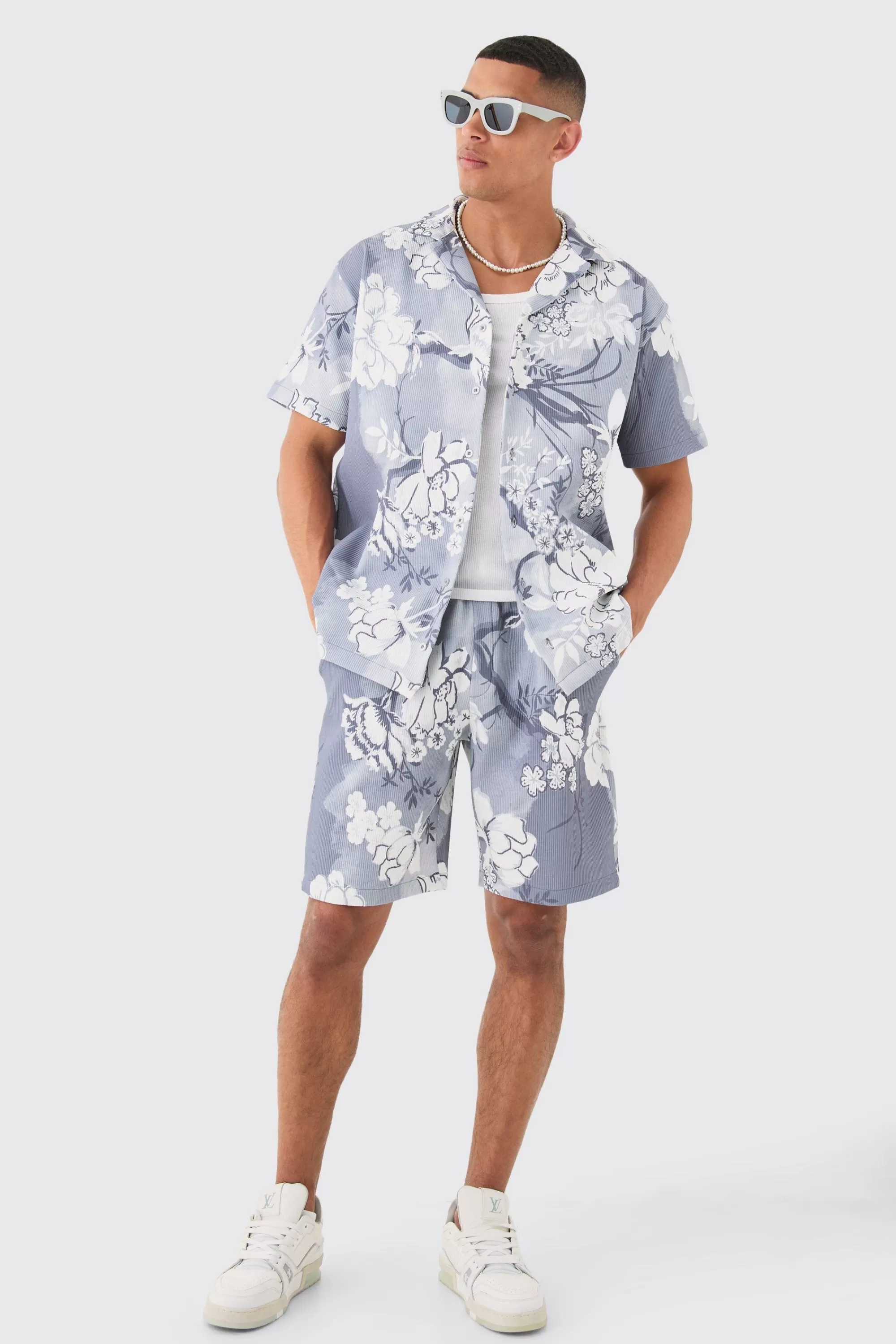 boohooMAN Oversized Floral Printed Pleated Shirt & Short Set | UK