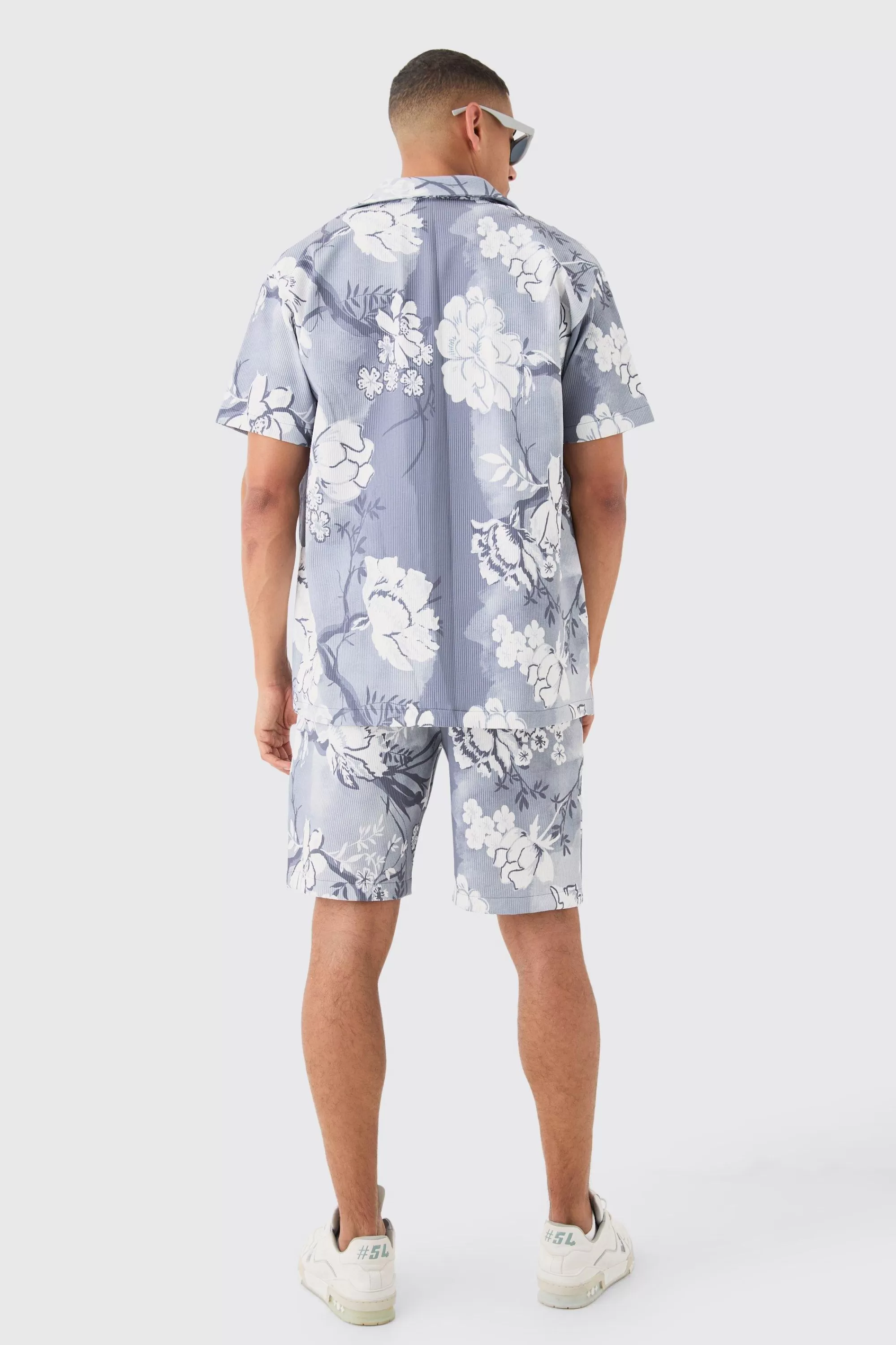 boohooMAN Oversized Floral Printed Pleated Shirt & Short Set | UK