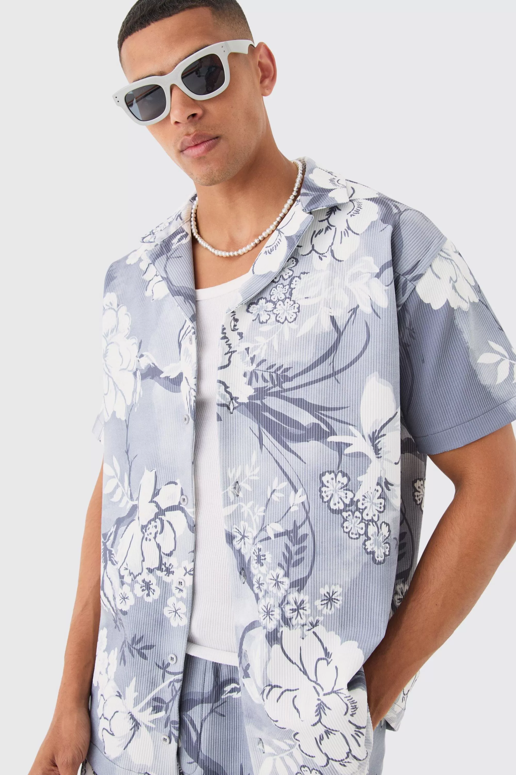 boohooMAN Oversized Floral Printed Pleated Shirt & Short Set | UK