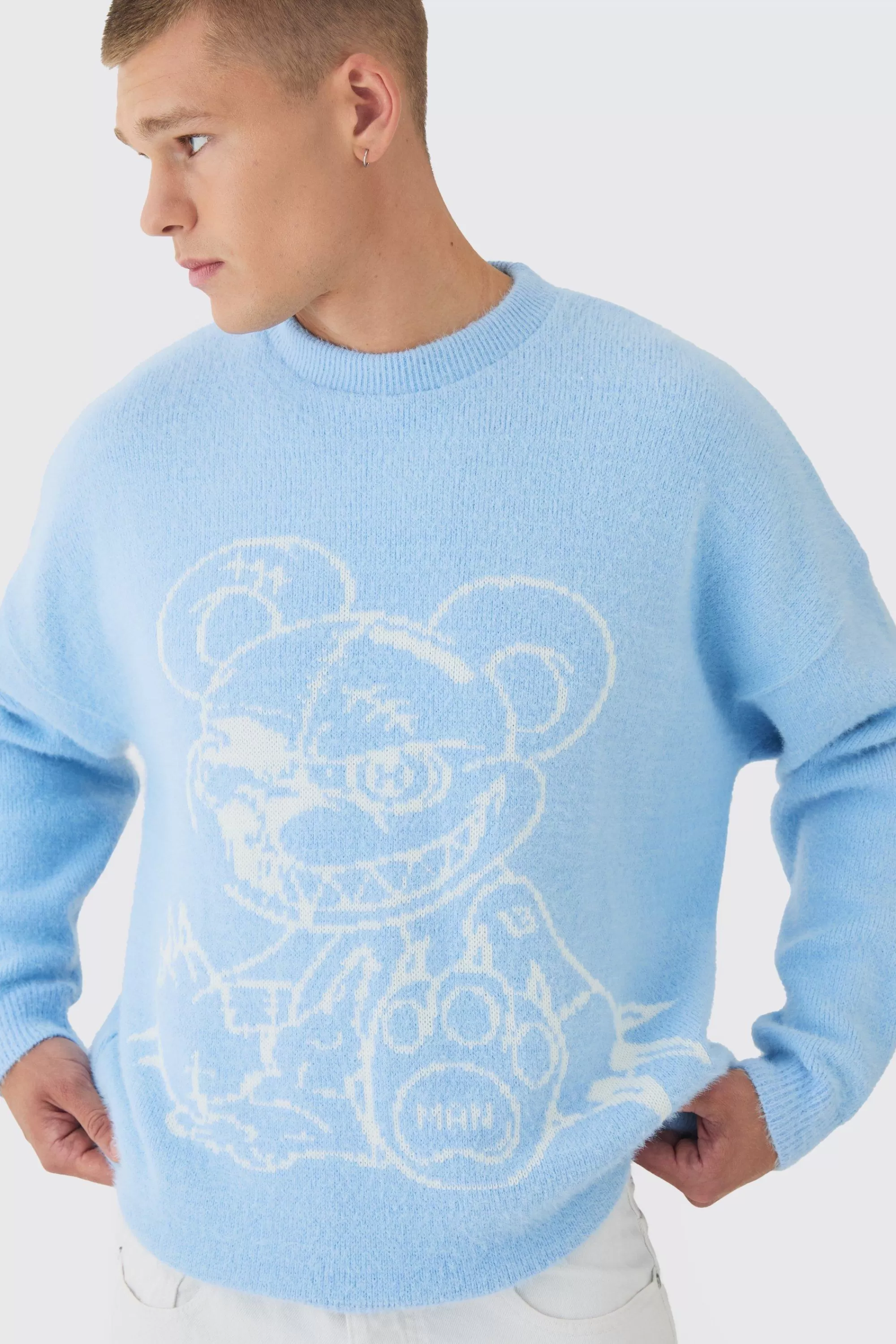 boohooMAN Oversized Fluffy Teddy Jumper In Blue | UK