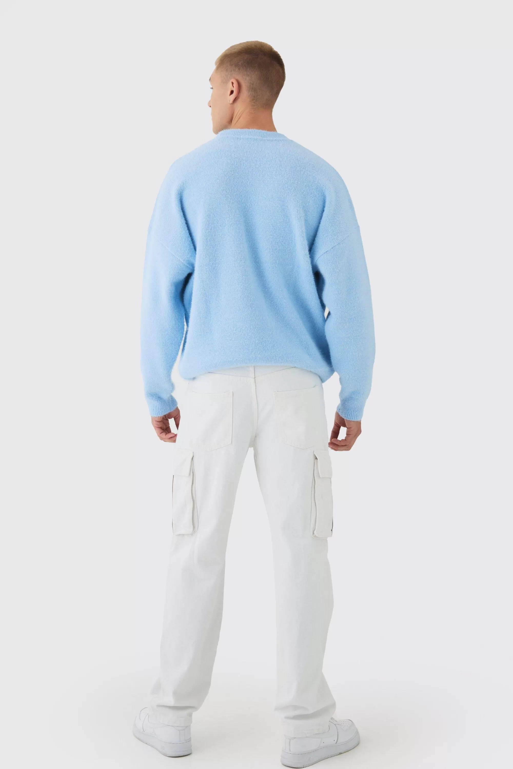 boohooMAN Oversized Fluffy Teddy Jumper In Blue | UK