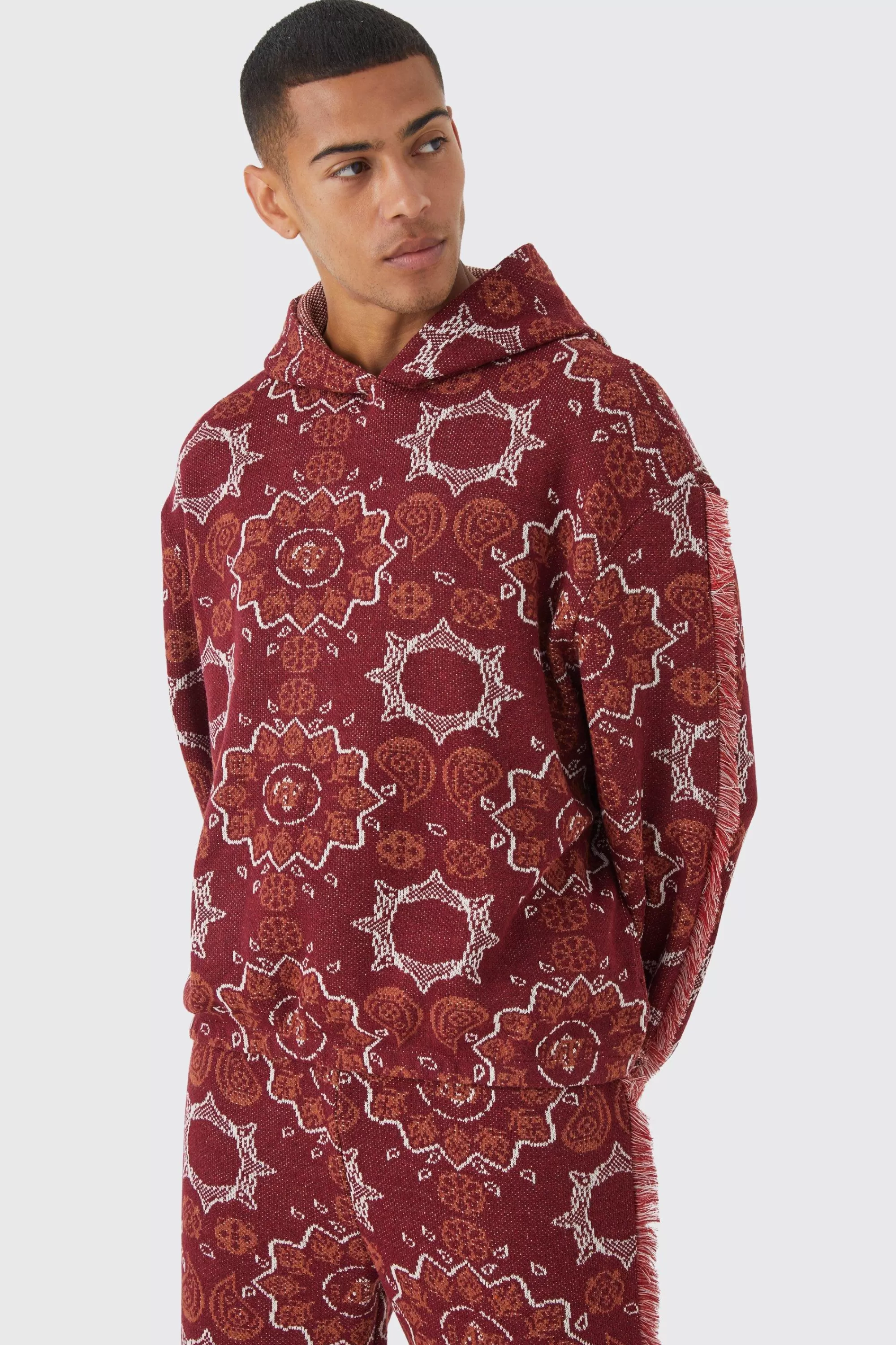 boohooMAN Oversized Fringed Heavyweight Jacquard Tapestry Hoodie | UK