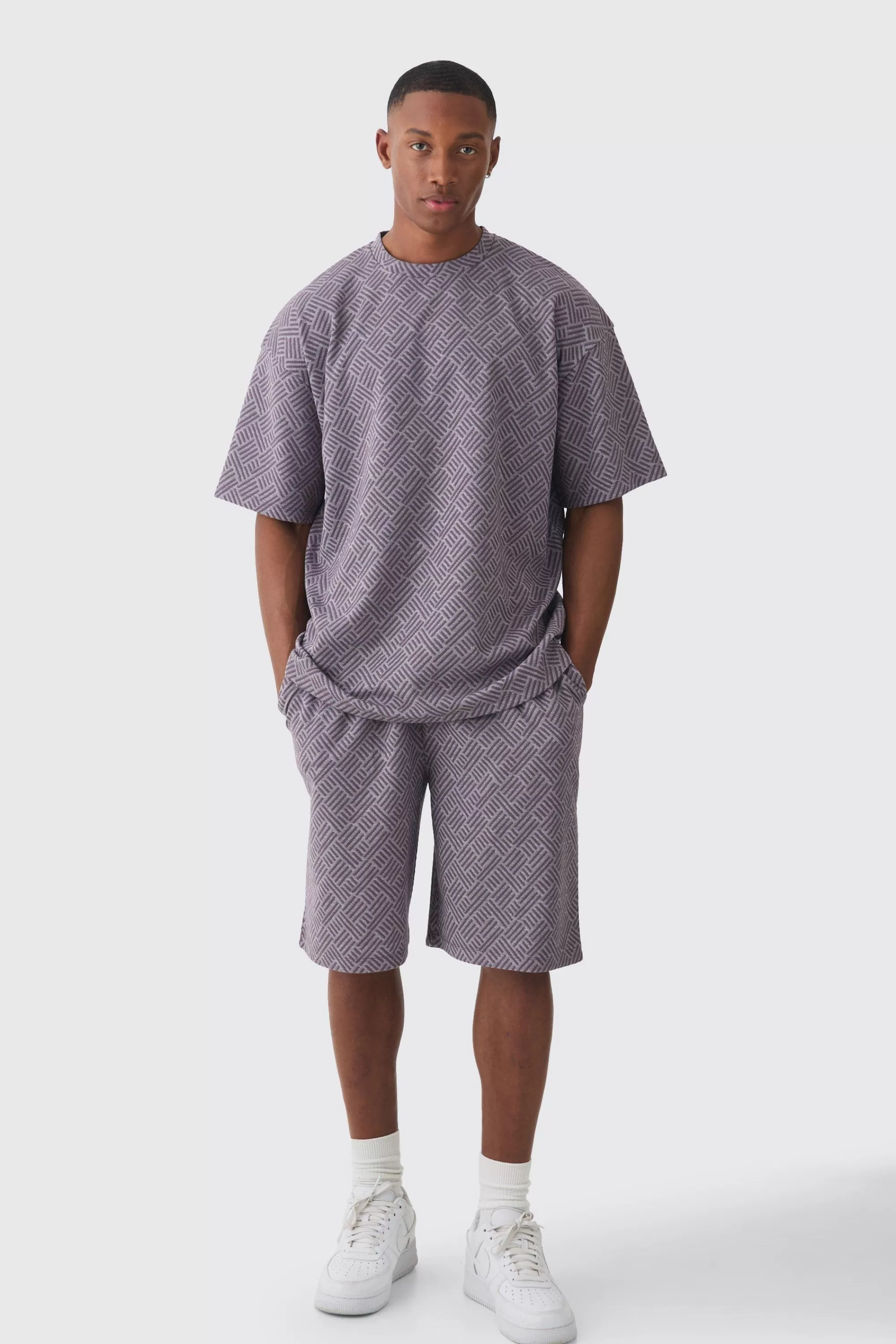 boohooMAN Oversized Geo Jacquard T-shirt & Short Set | UK