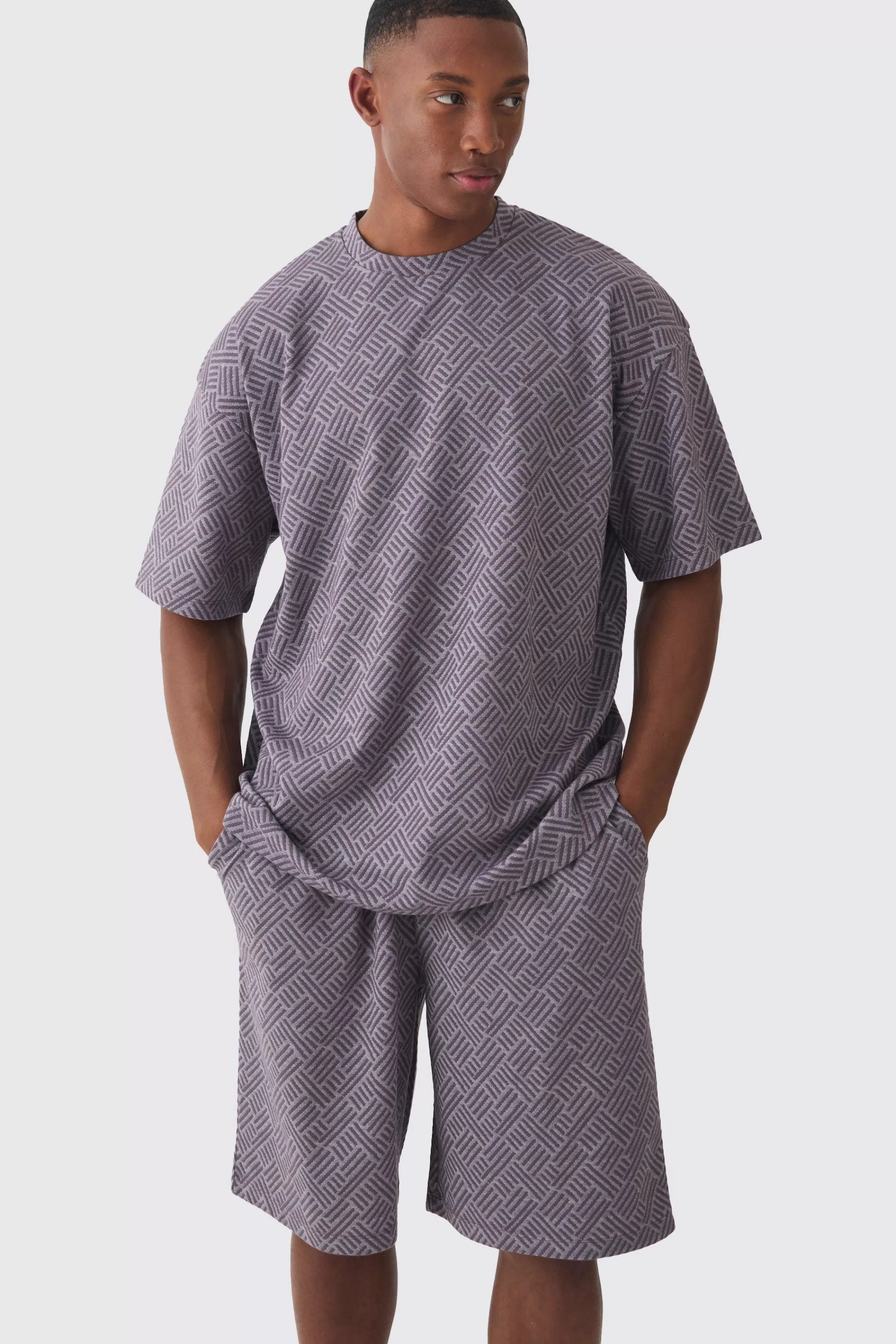 boohooMAN Oversized Geo Jacquard T-shirt & Short Set | UK