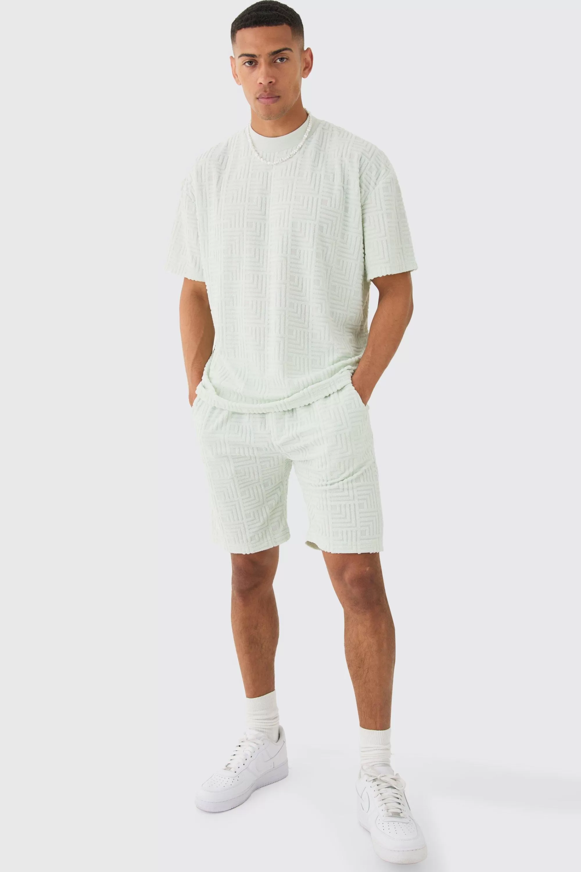 boohooMAN Oversized Geo Towelling Jacquard T-shirt & Shorts Set | UK