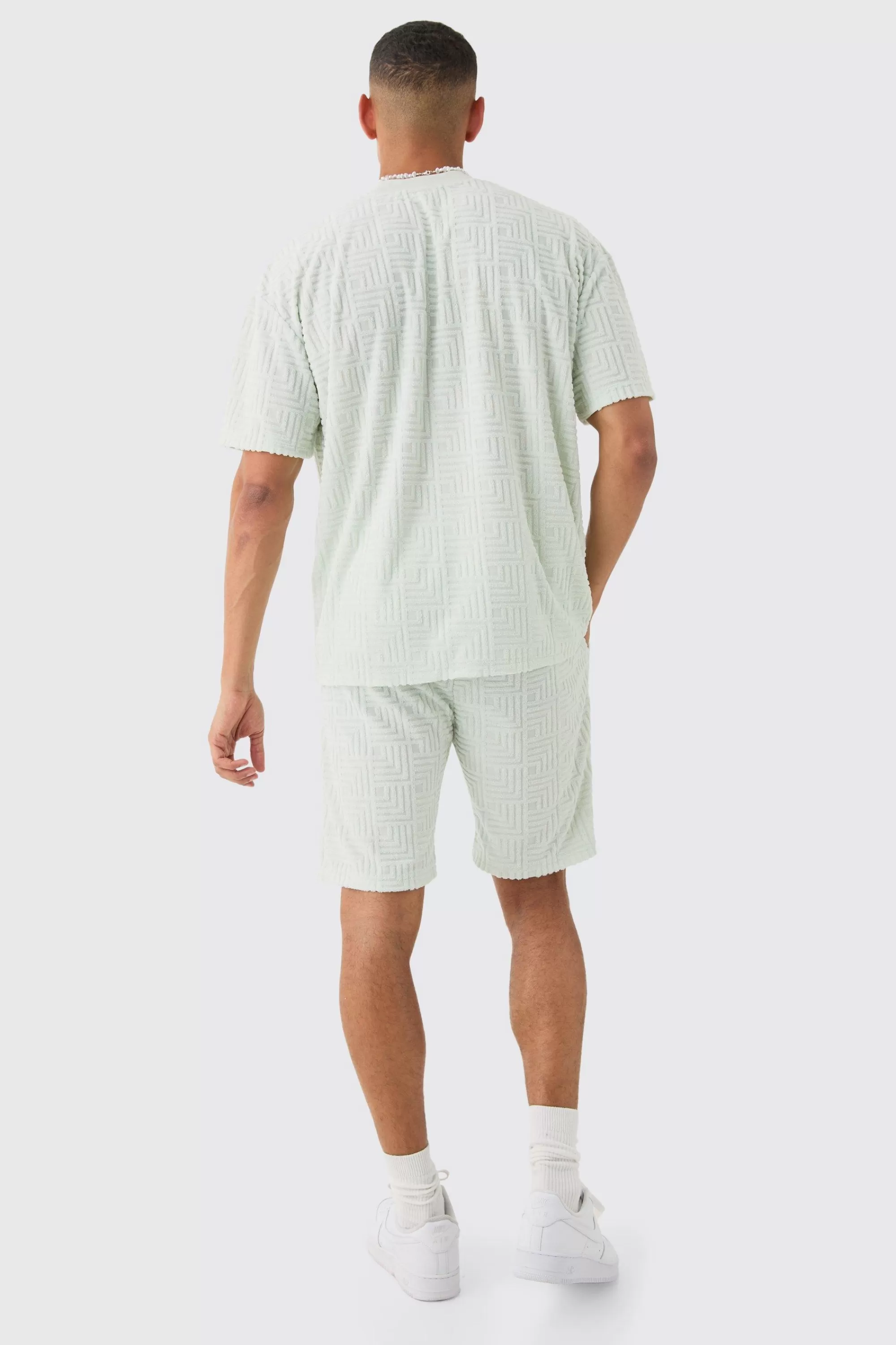 boohooMAN Oversized Geo Towelling Jacquard T-shirt & Shorts Set | UK