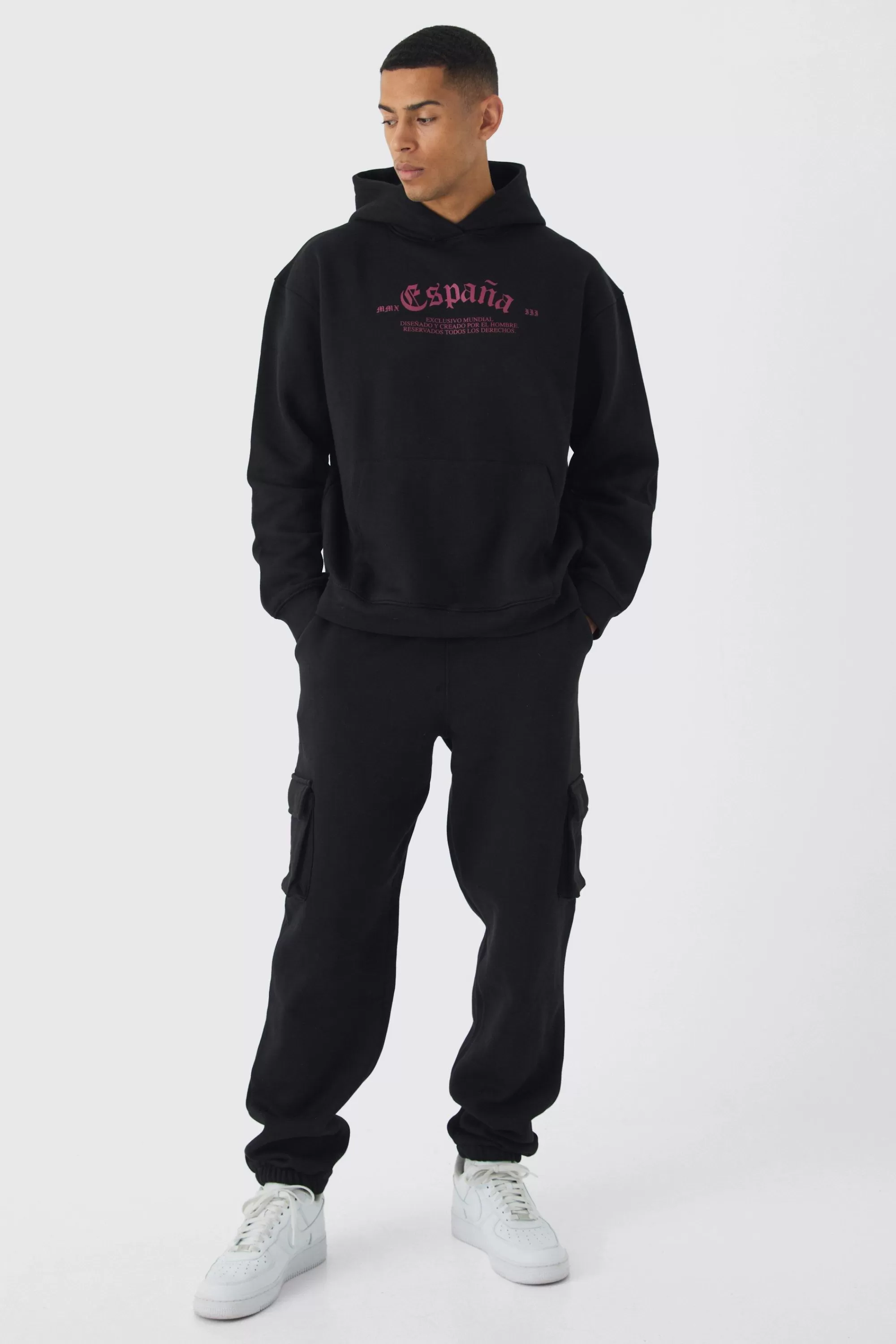 boohooMAN Oversized Gothic Embroidered Cargo & Hoodie Tracksuit | UK