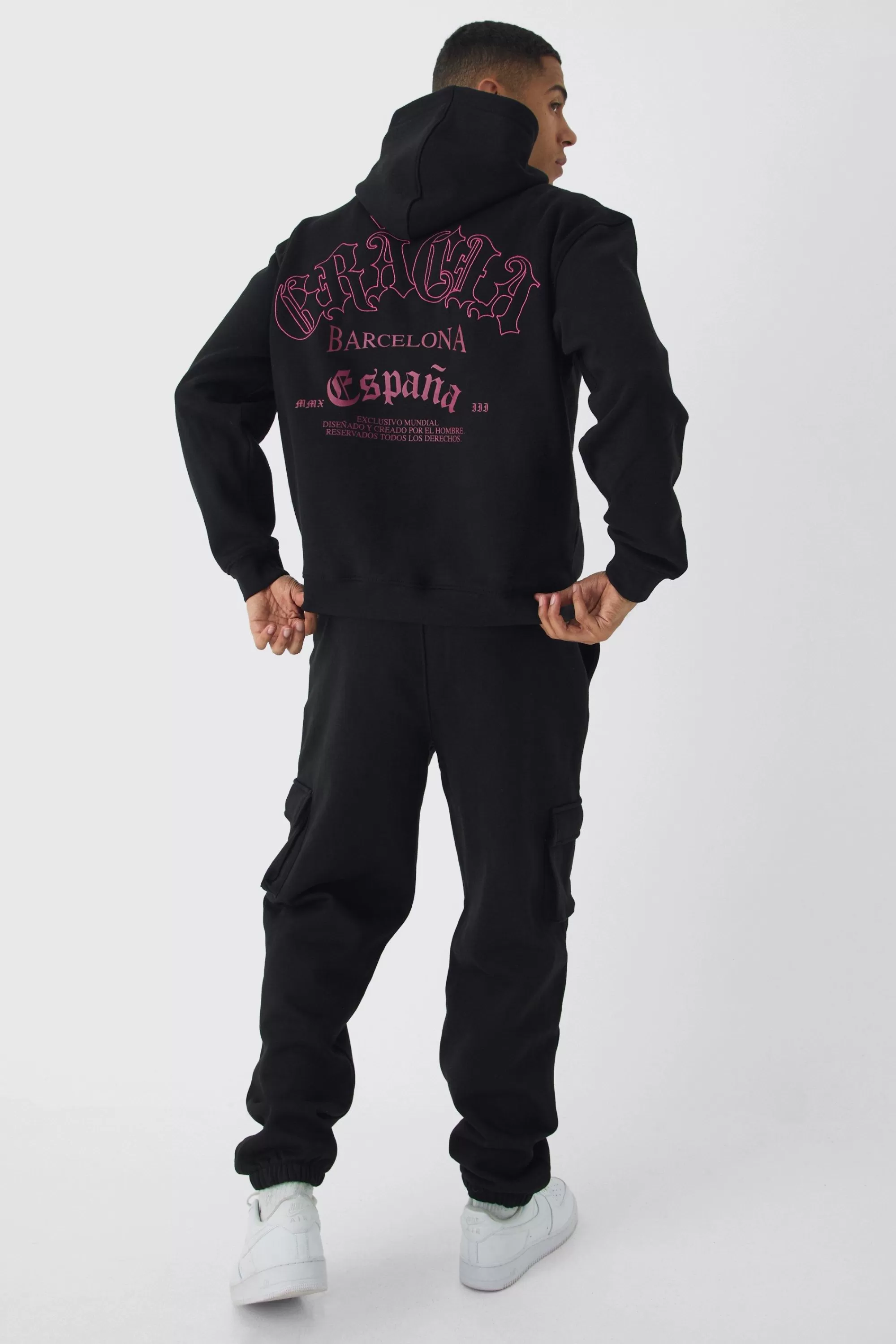 boohooMAN Oversized Gothic Embroidered Cargo & Hoodie Tracksuit | UK