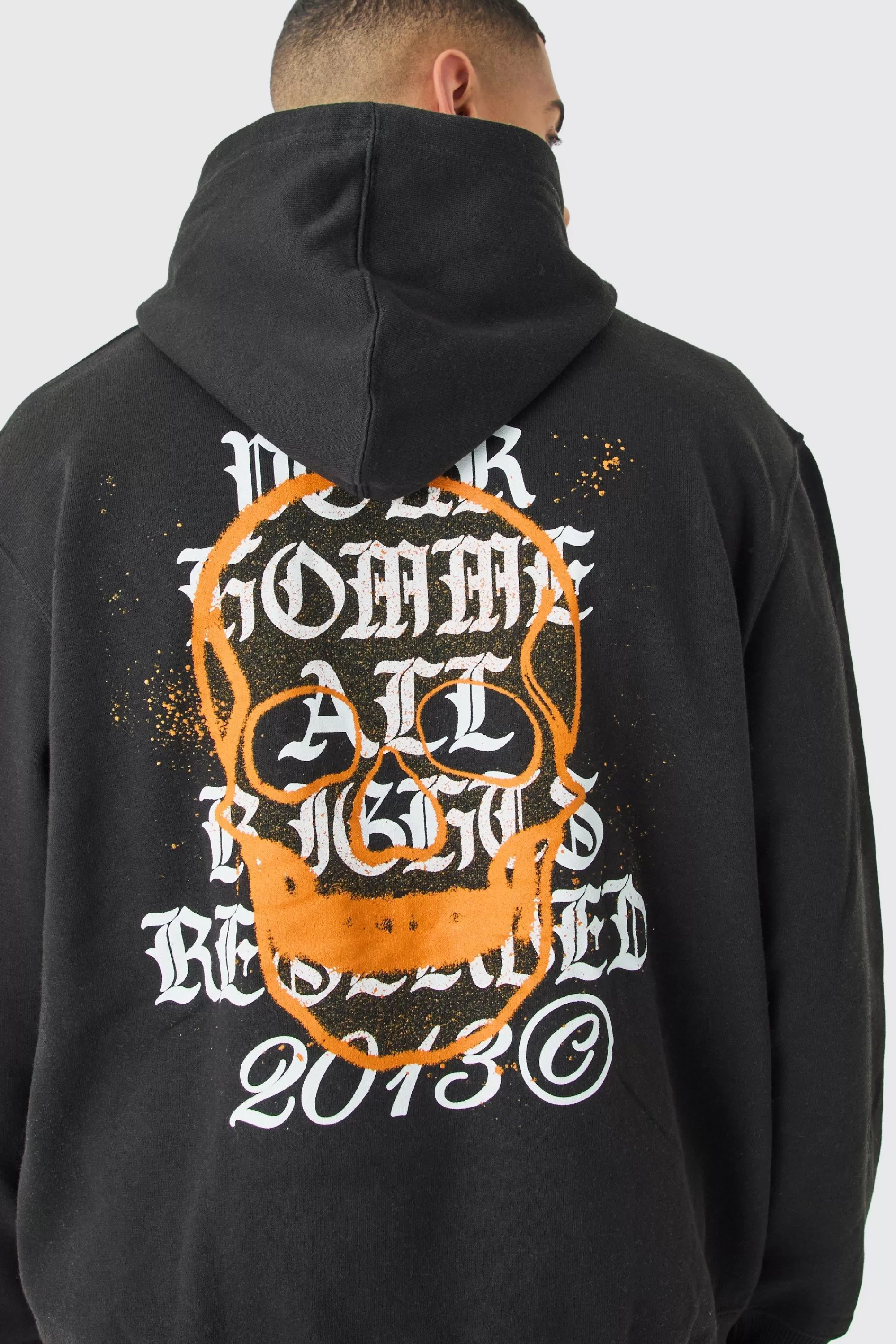 boohooMAN Oversized Gothic Graffiti Skull Hoodie | UK