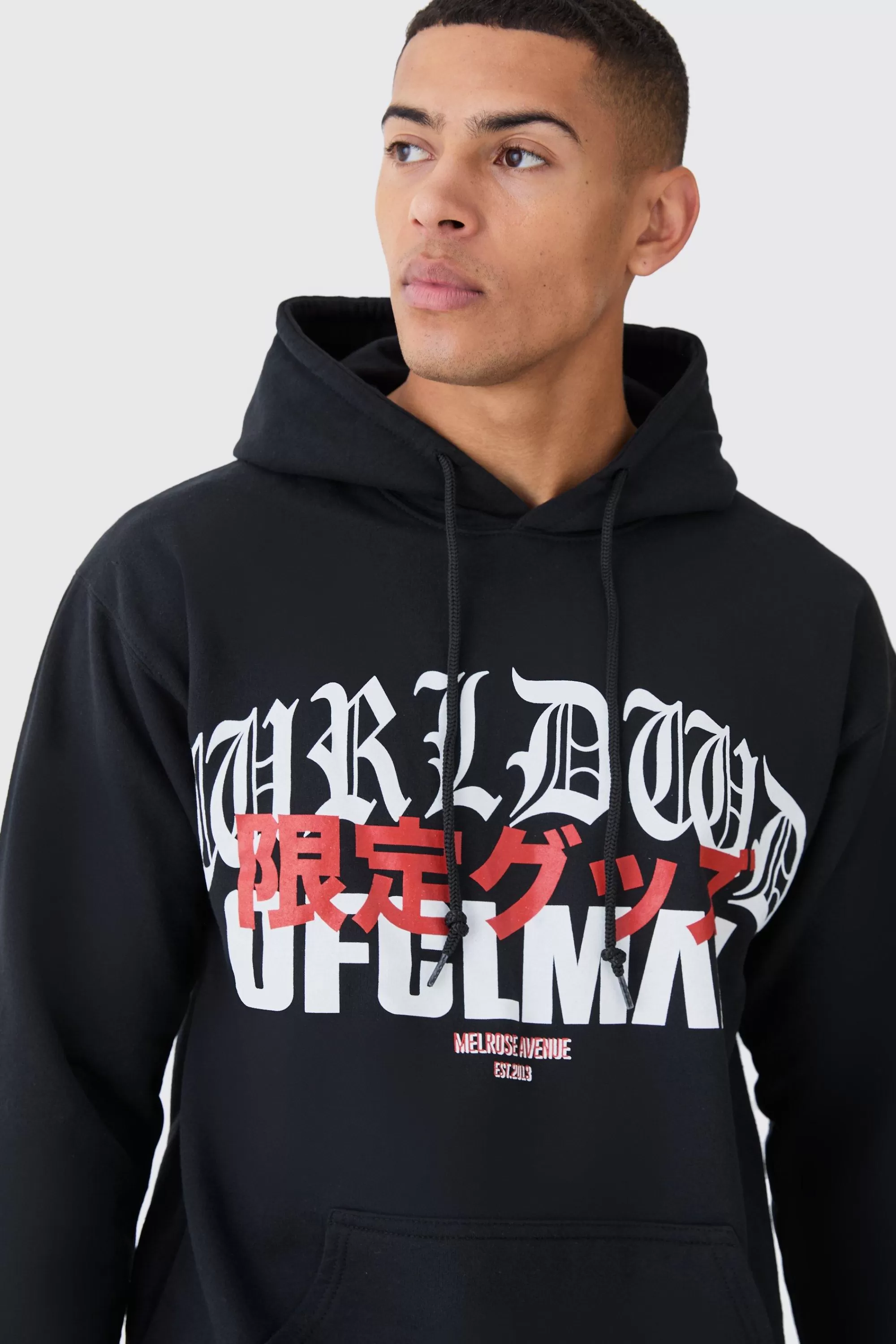 boohooMAN Oversized Gothic Worldwide Printed Hoodie | UK
