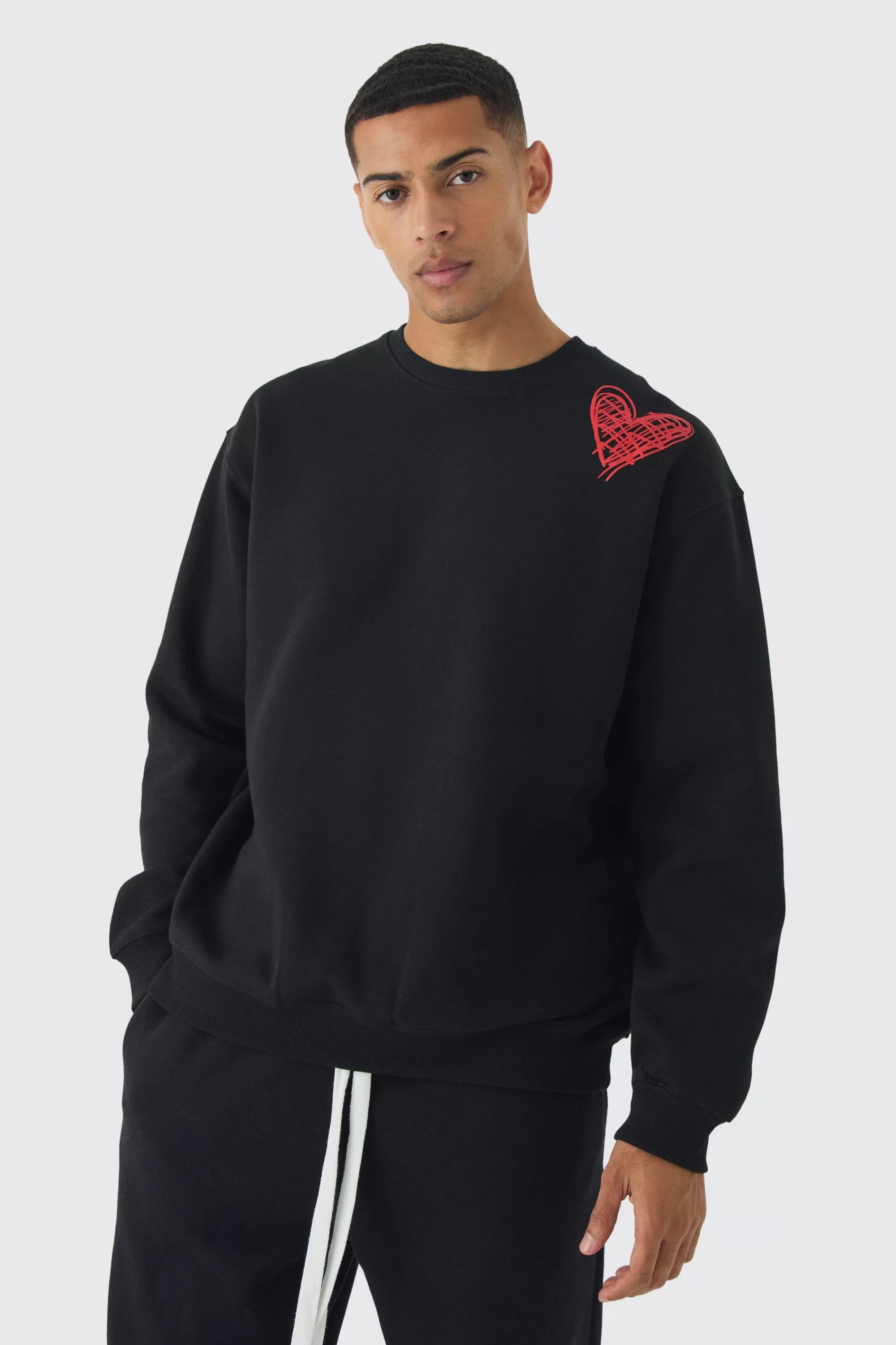 boohooMAN Oversized Graffiti Heart Print Sweatshirt | UK
