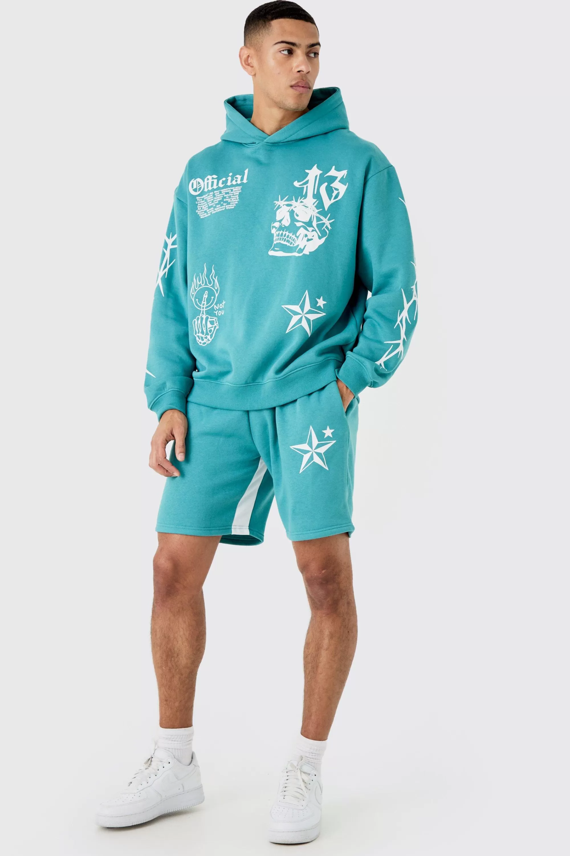 boohooMAN Oversized Graffiti Hoodie Short Tracksuit | UK