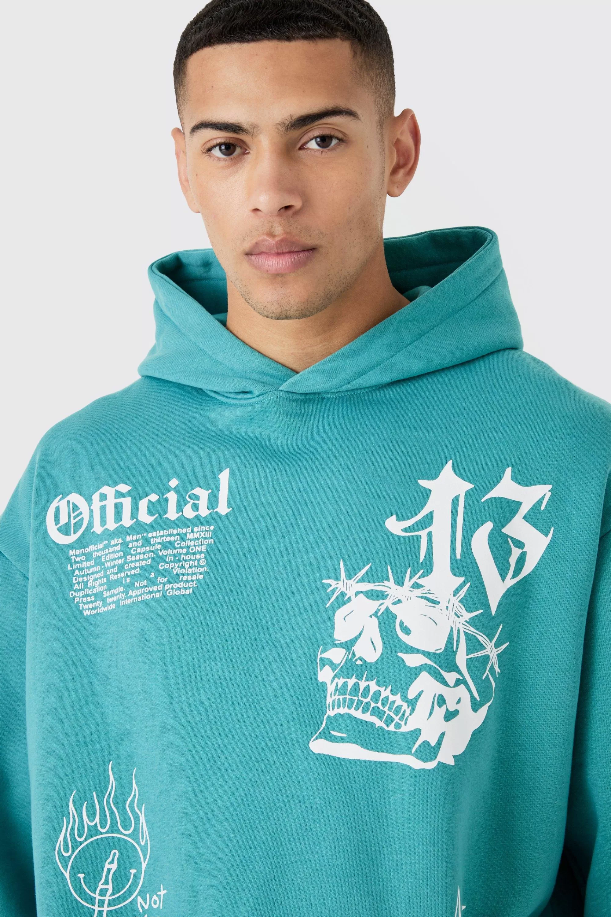 boohooMAN Oversized Graffiti Hoodie Short Tracksuit | UK