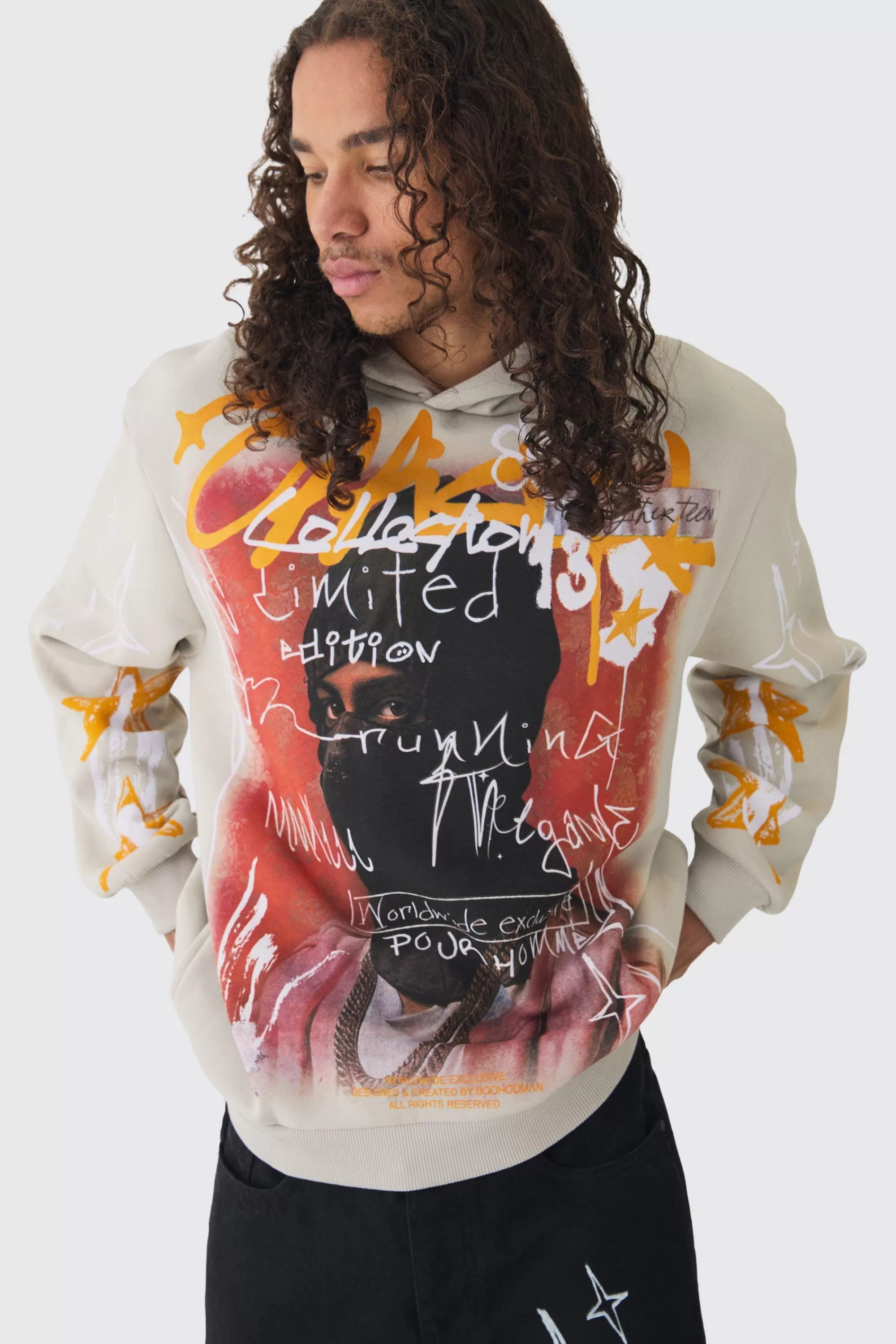 boohooMAN Oversized Graffiti Over Seams Graphic Print Hoodie | UK