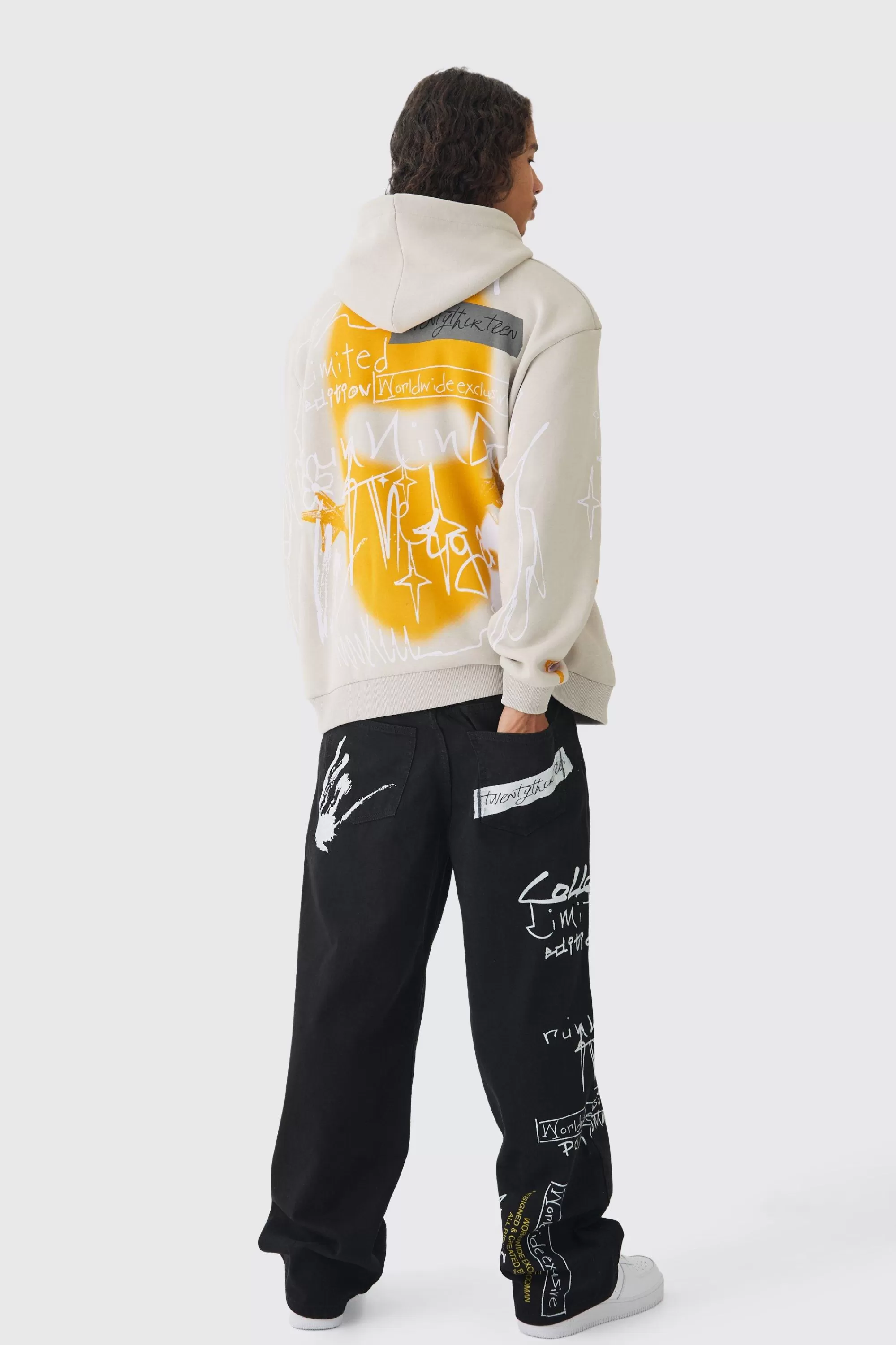 boohooMAN Oversized Graffiti Over Seams Graphic Print Hoodie | UK