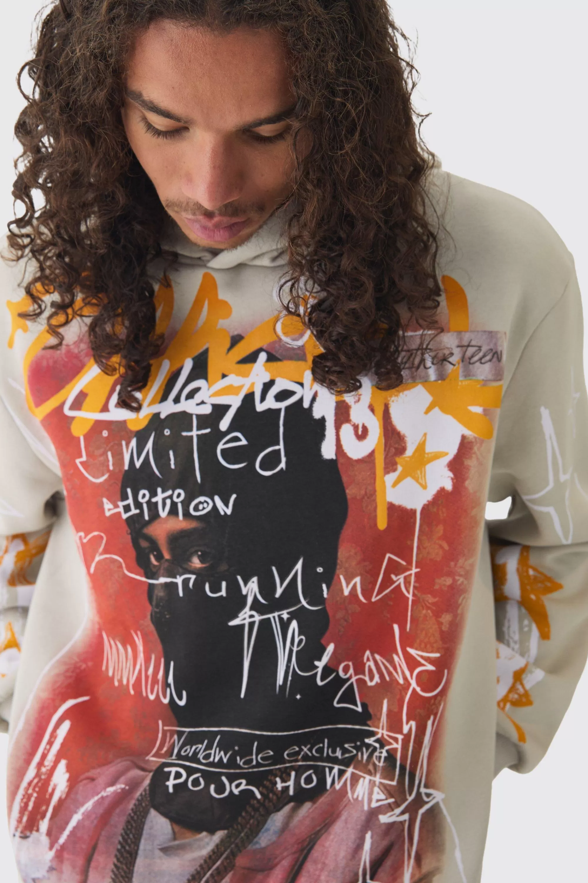 boohooMAN Oversized Graffiti Over Seams Graphic Print Hoodie | UK