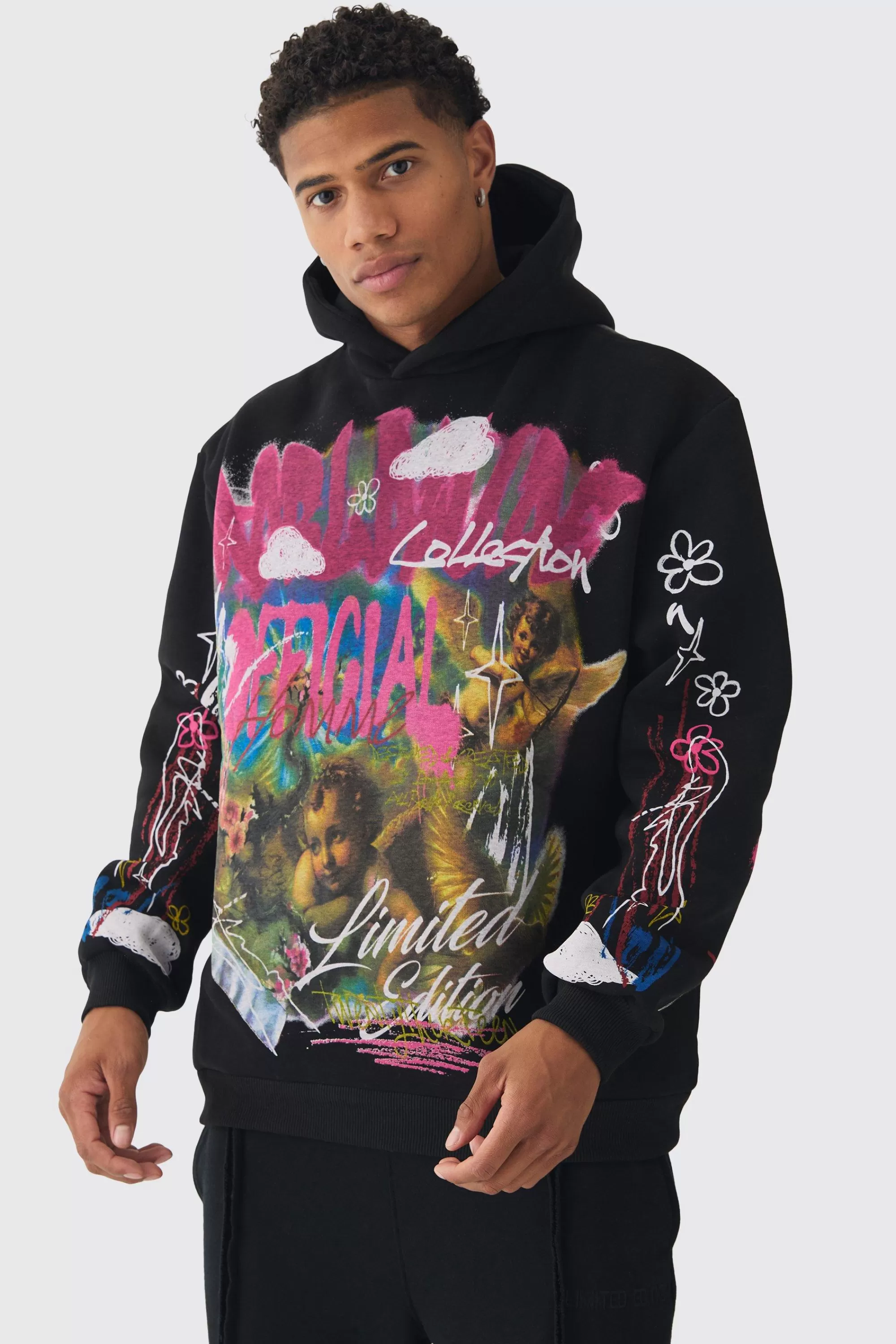 boohooMAN Oversized Graffiti Renaissance Over Seams Graphic Print Hoodie | UK