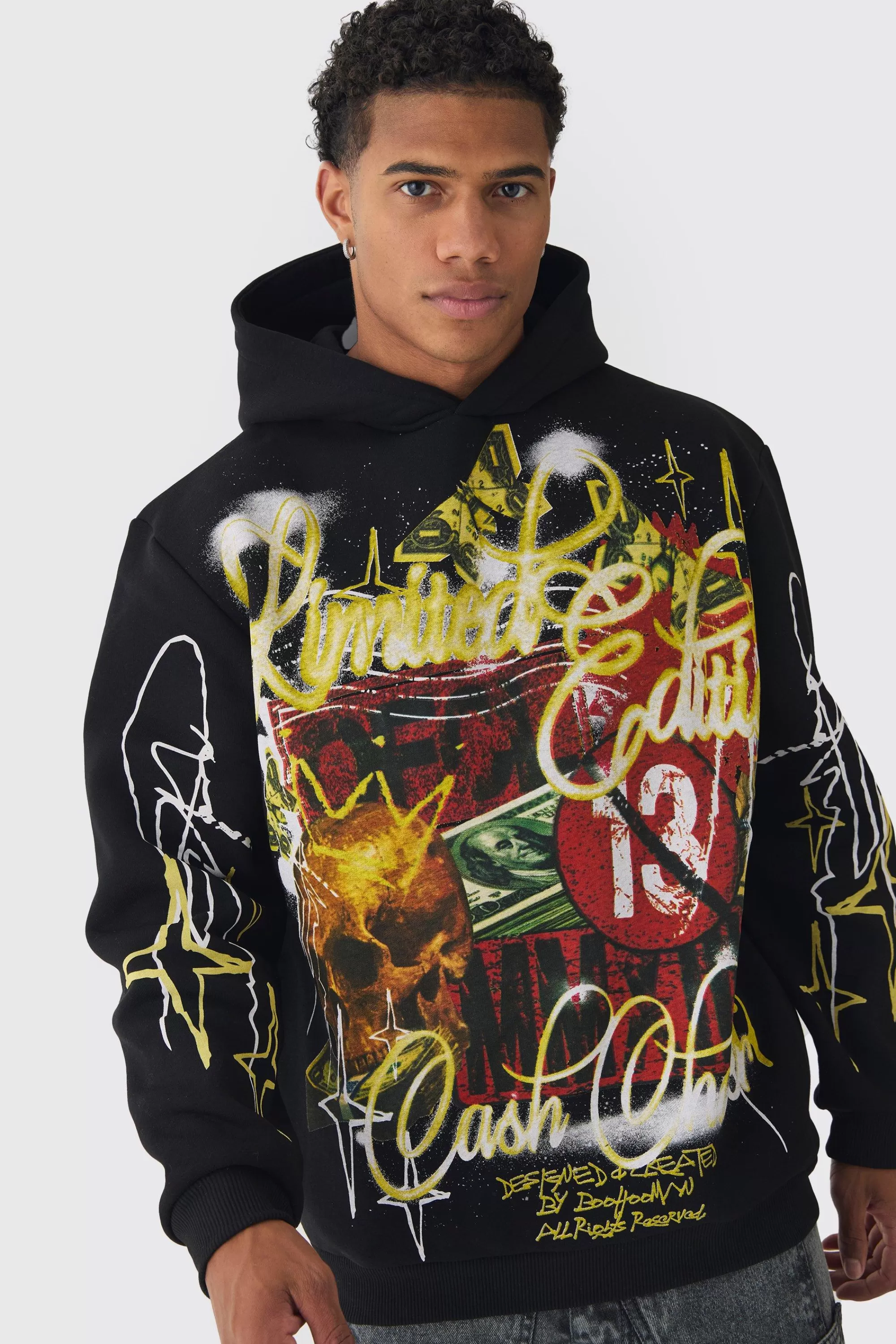 boohooMAN Oversized Graffiti Slogan Over Seams Graphic Print Hoodie | UK