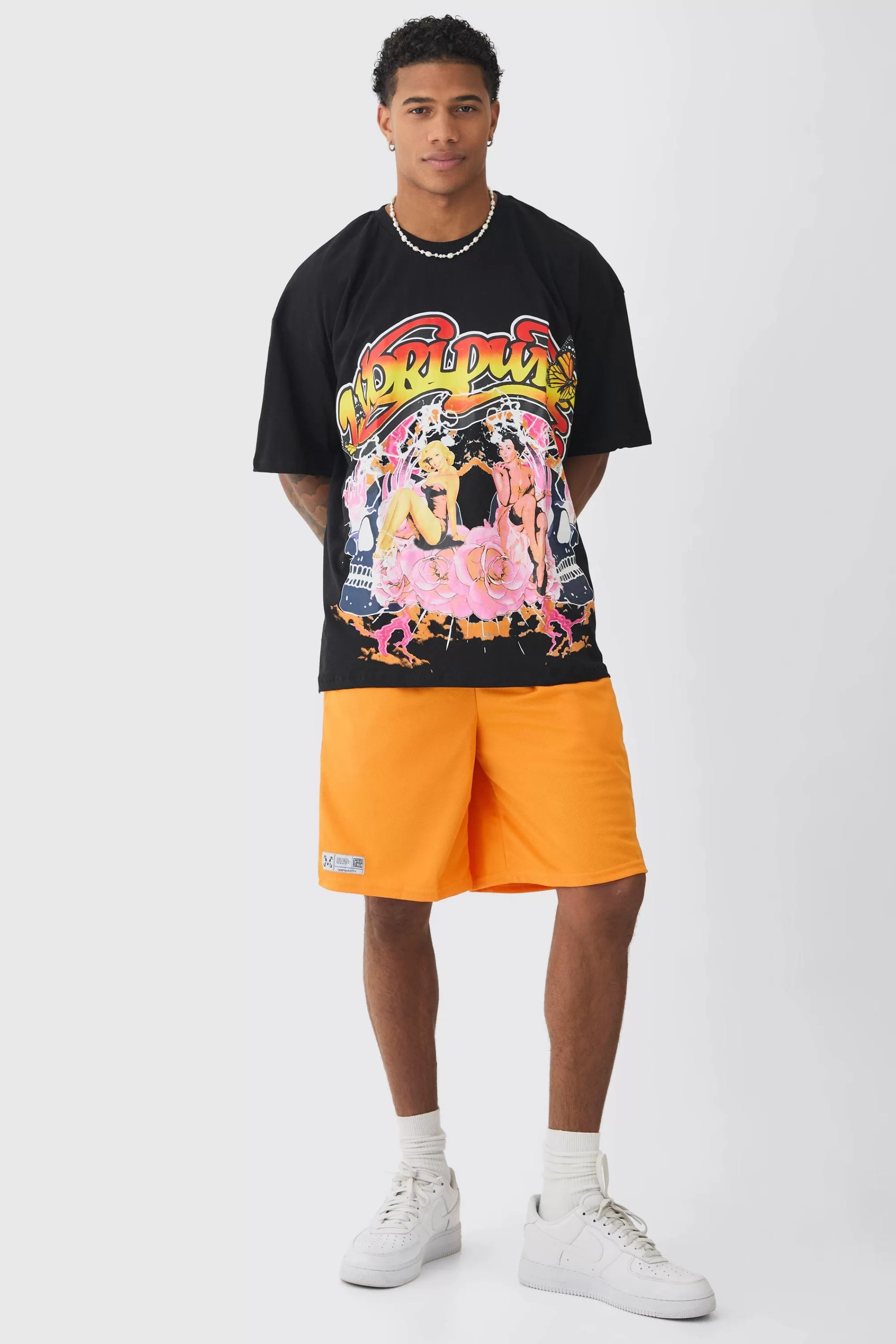 boohooMAN Oversized Graphic T-shirt & Mesh Short Set | UK