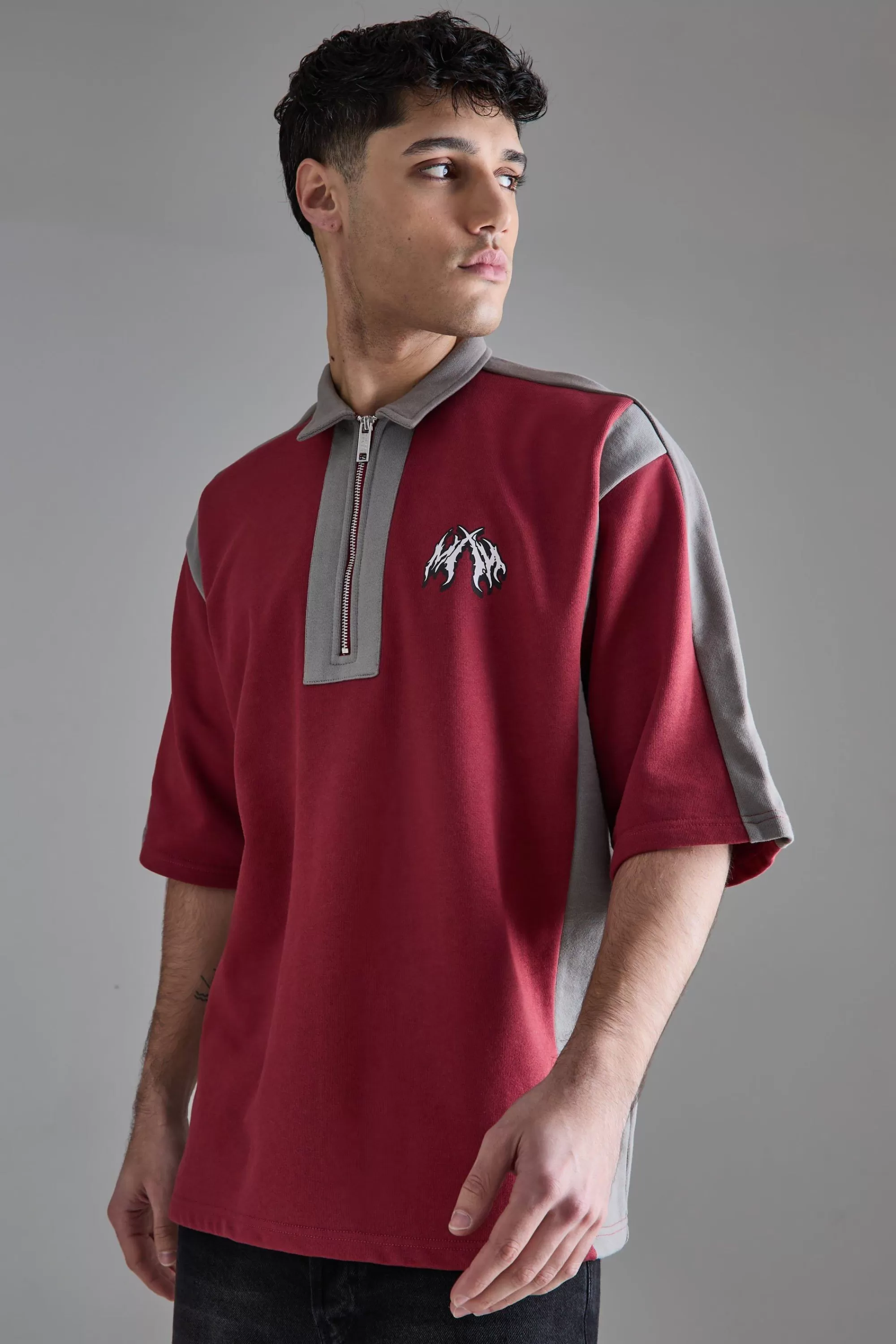 boohooMAN Oversized Half Sleeve Colour Block Sweat Polo | UK