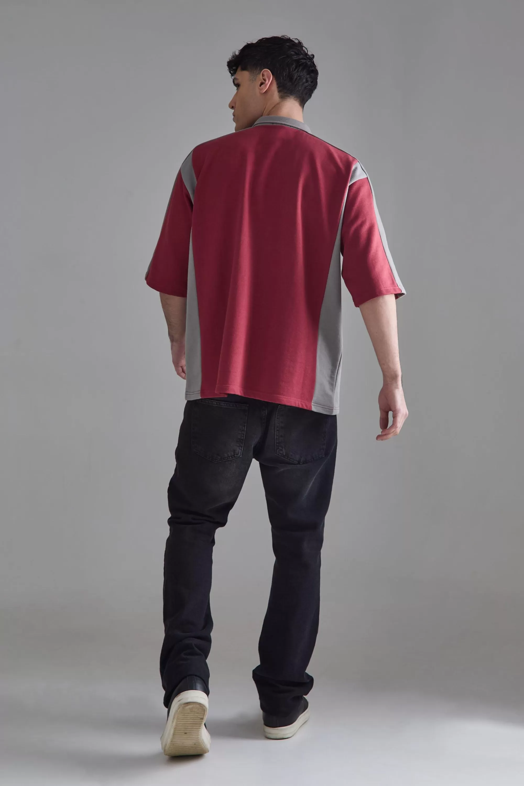 boohooMAN Oversized Half Sleeve Colour Block Sweat Polo | UK