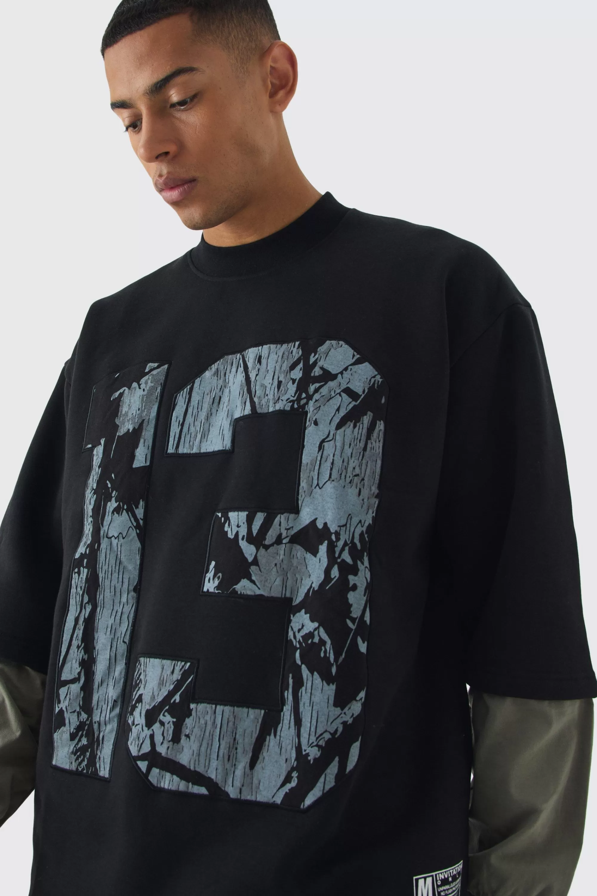 boohooMAN Oversized Half Sleeve Faux Layer 13 Applique Sweatshirt | UK