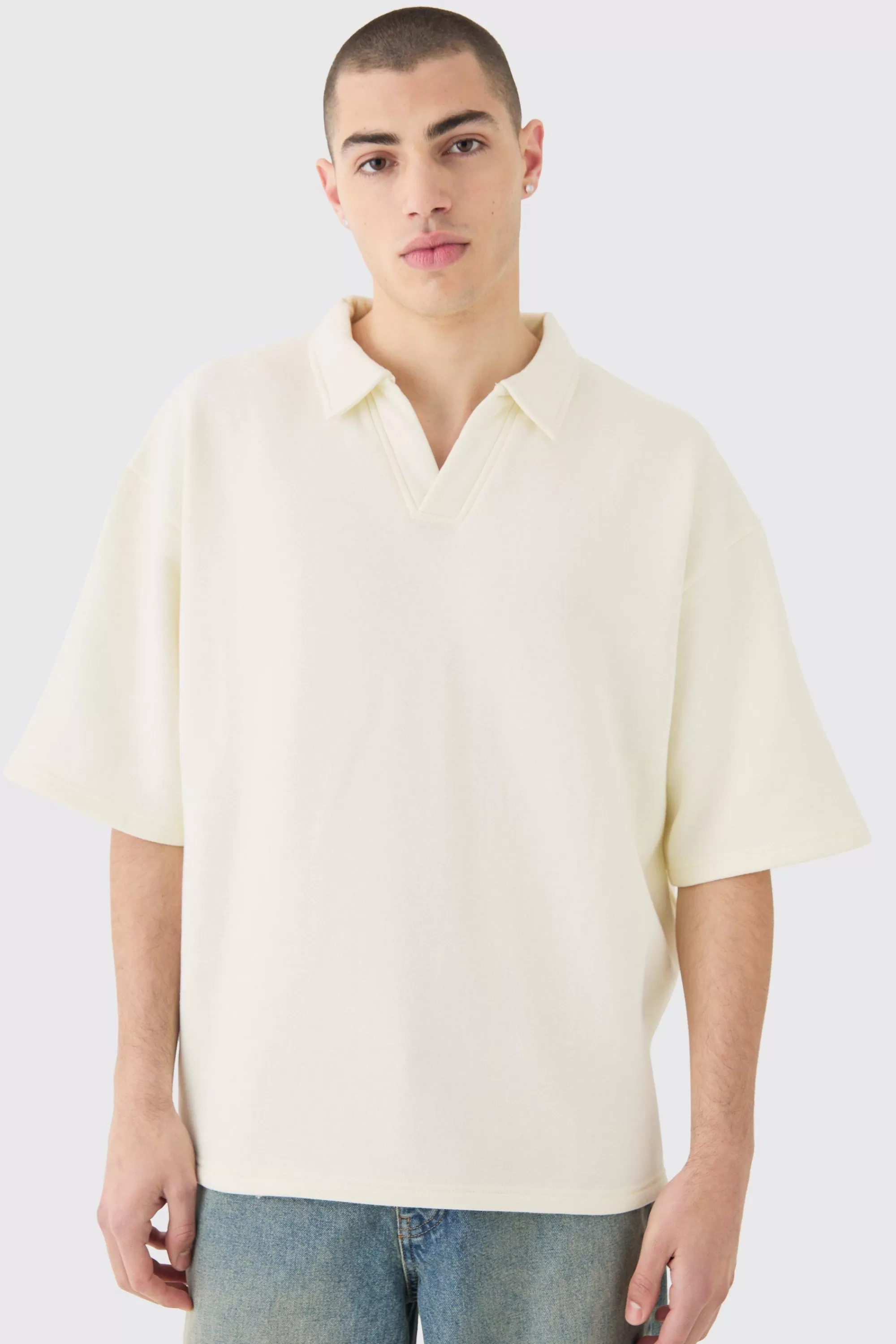 boohooMAN Oversized Half Sleeve Rugby Revere Sweatshirt | UK
