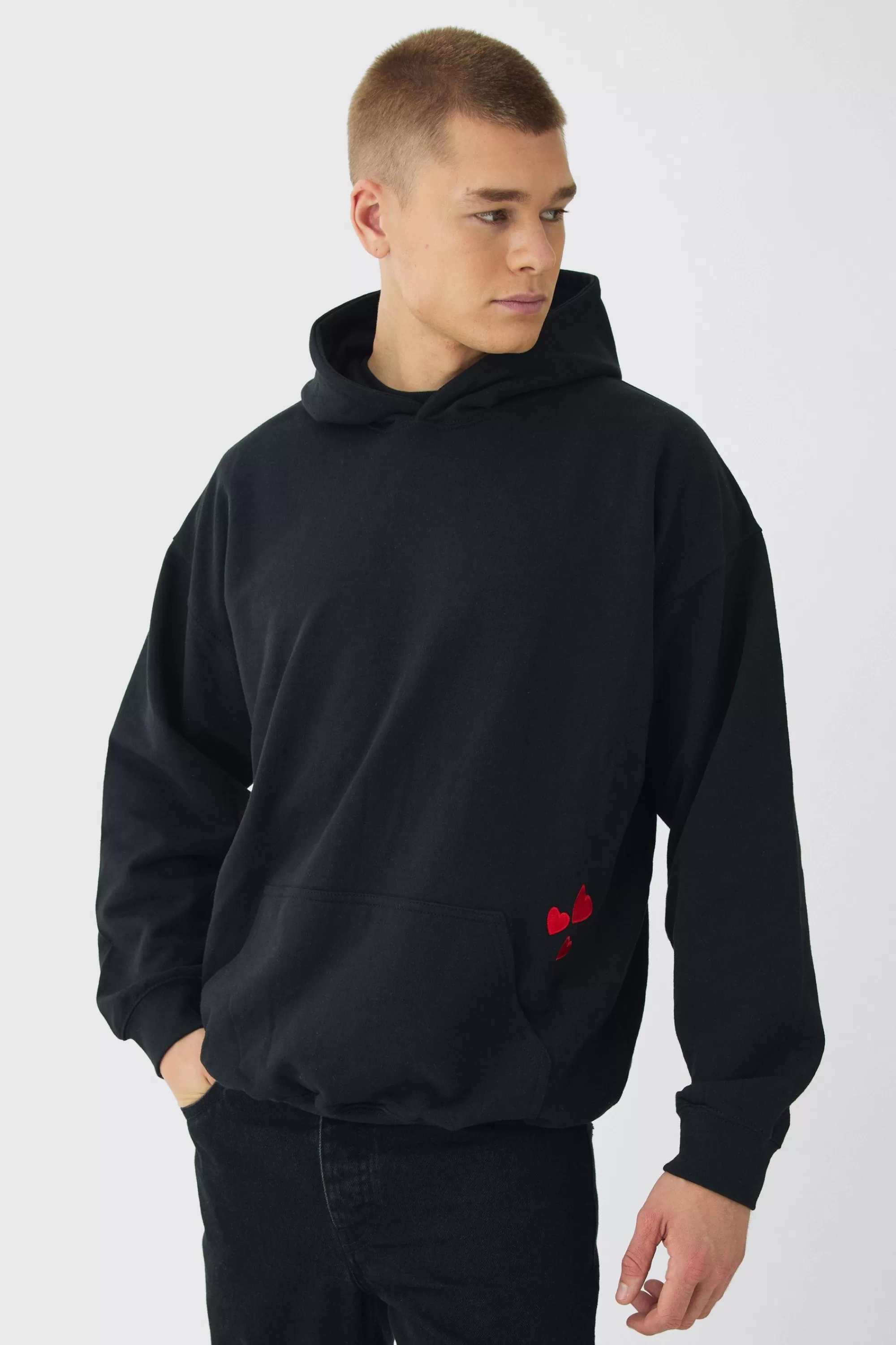 boohooMAN Oversized Heart Embroidered Pocket Hoodie | UK