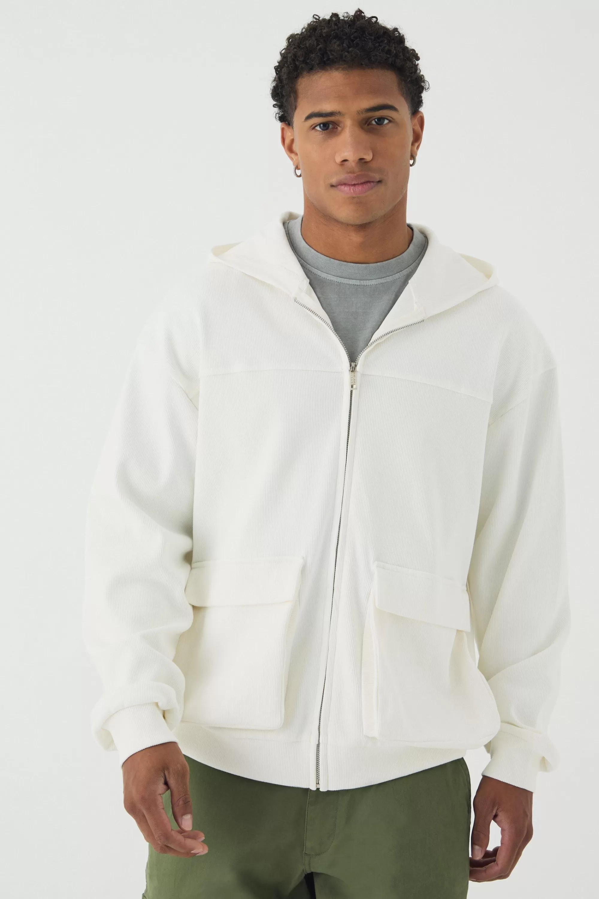 boohooMAN Oversized Heavy Ribbed Pocket Zip Through Hoodie | UK