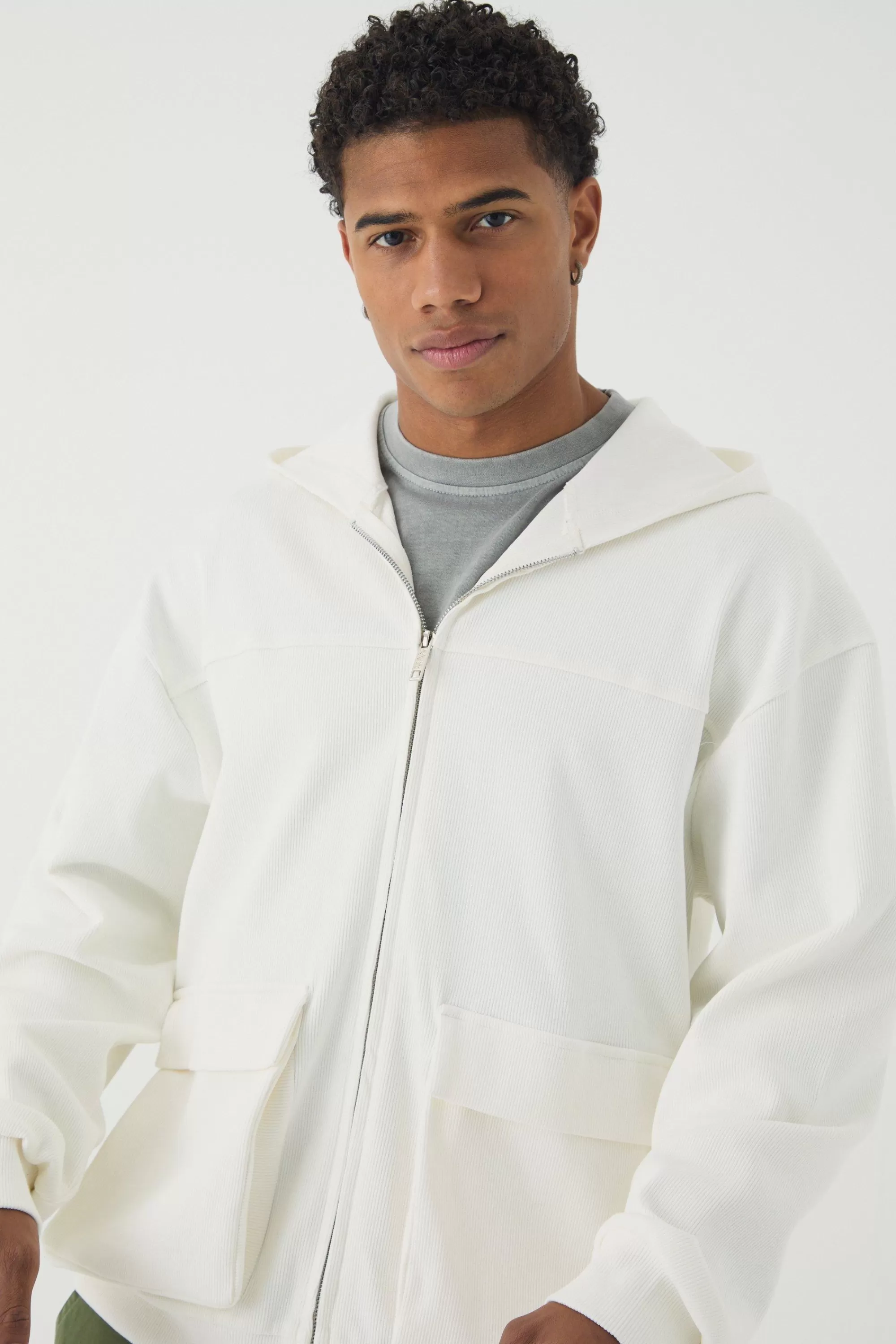 boohooMAN Oversized Heavy Ribbed Pocket Zip Through Hoodie | UK