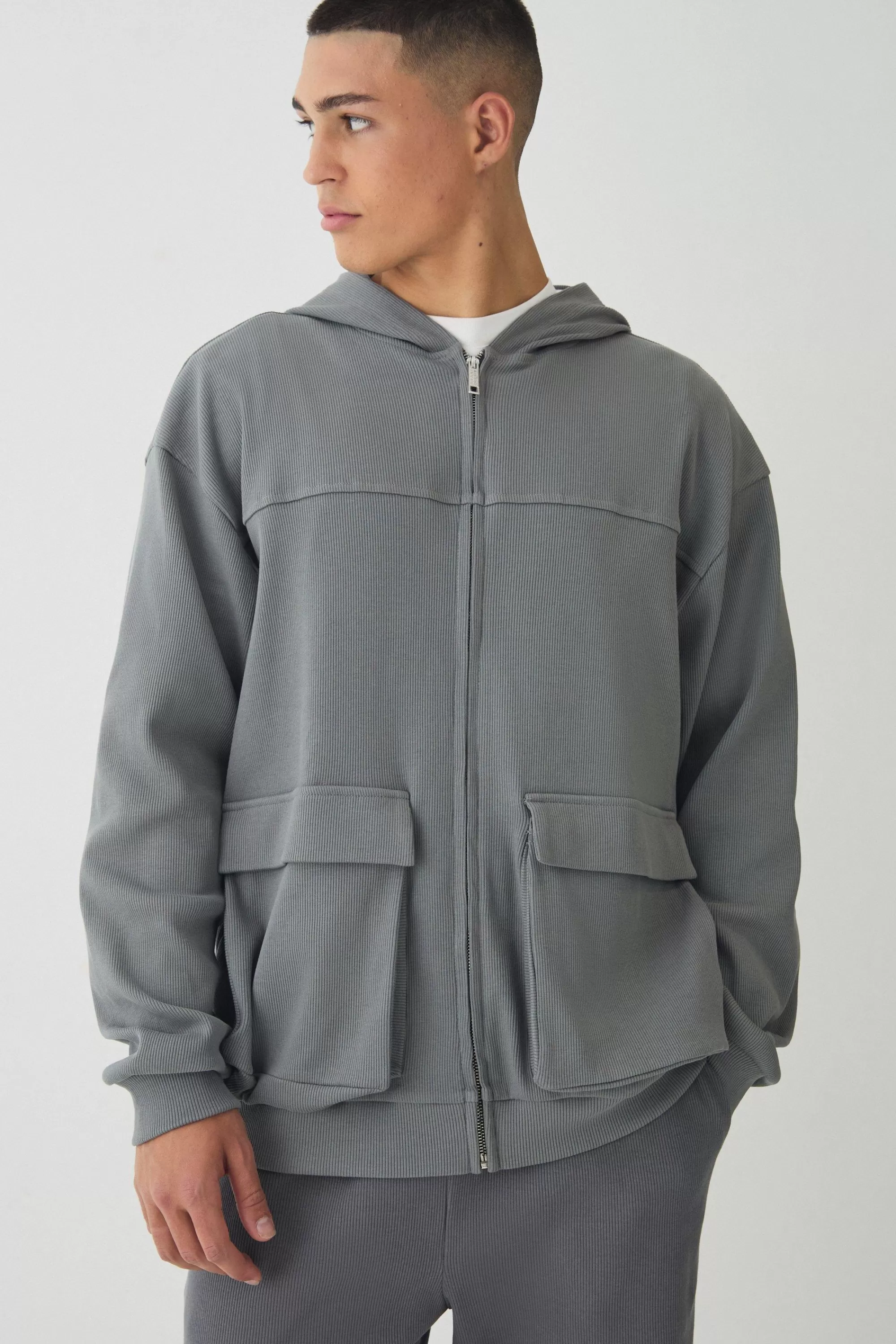 boohooMAN Oversized Heavy Ribbed Pocket Zip Through Hoodie | UK