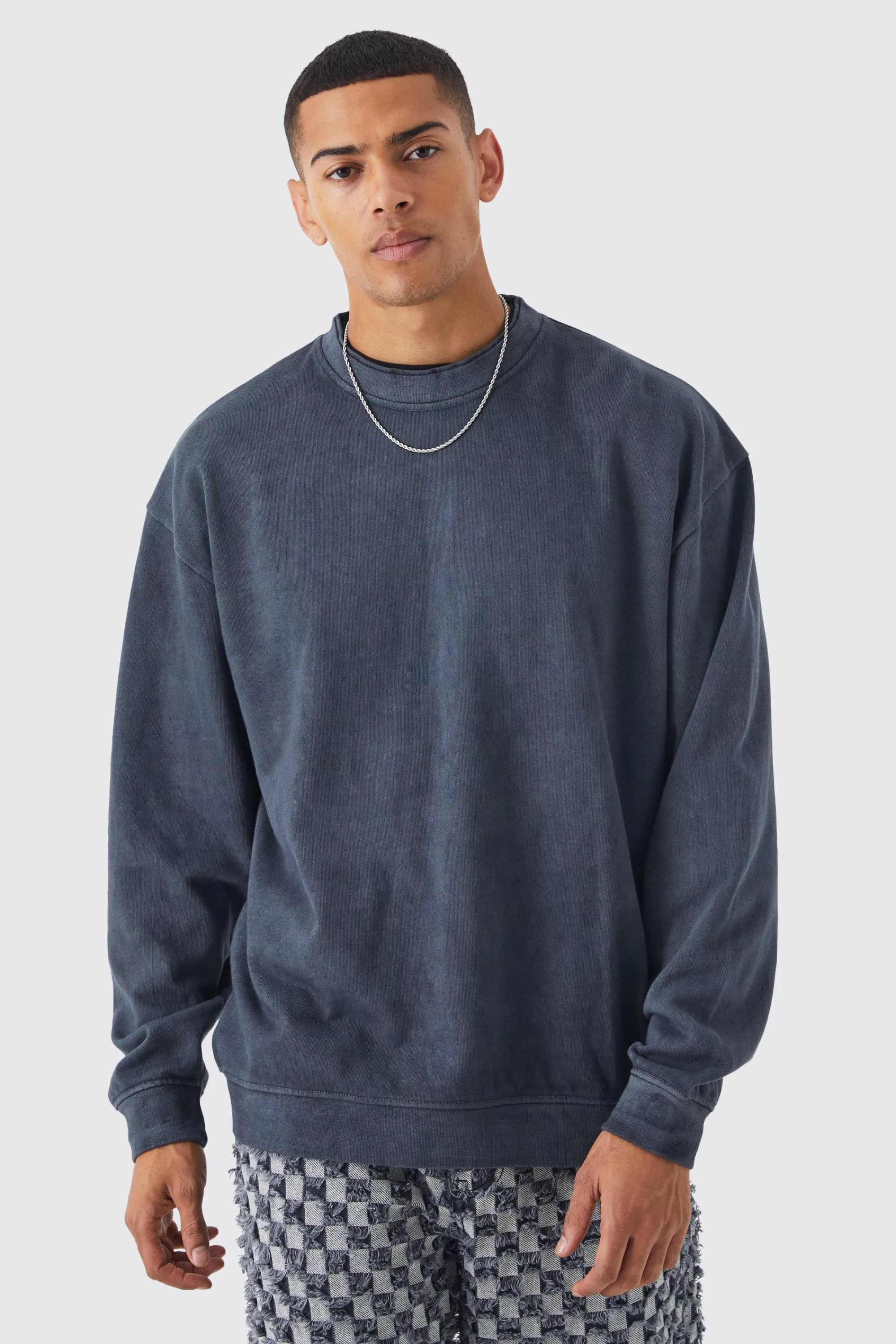 boohooMAN Oversized Heavy Washed Double Neck Sweatshirt | UK