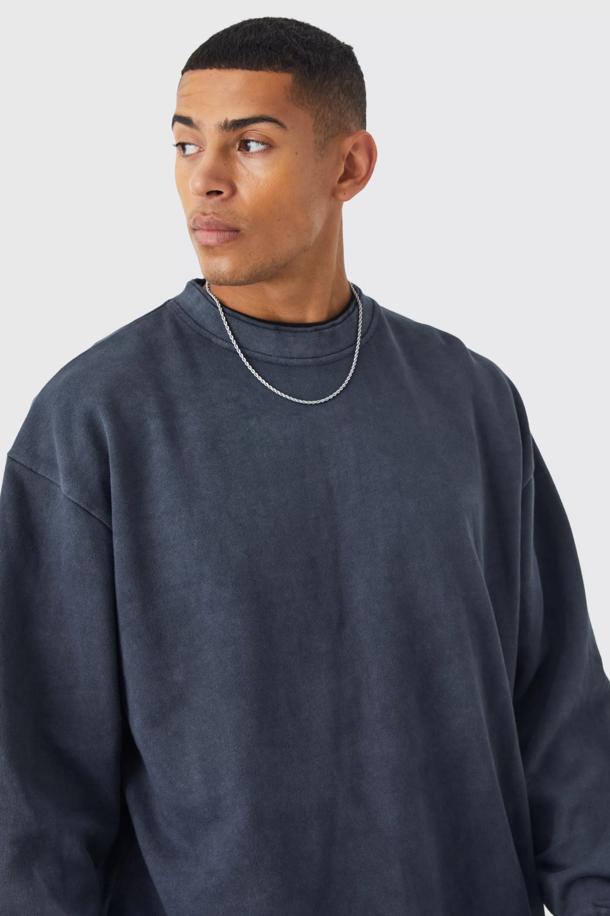 boohooMAN Oversized Heavy Washed Double Neck Sweatshirt | UK