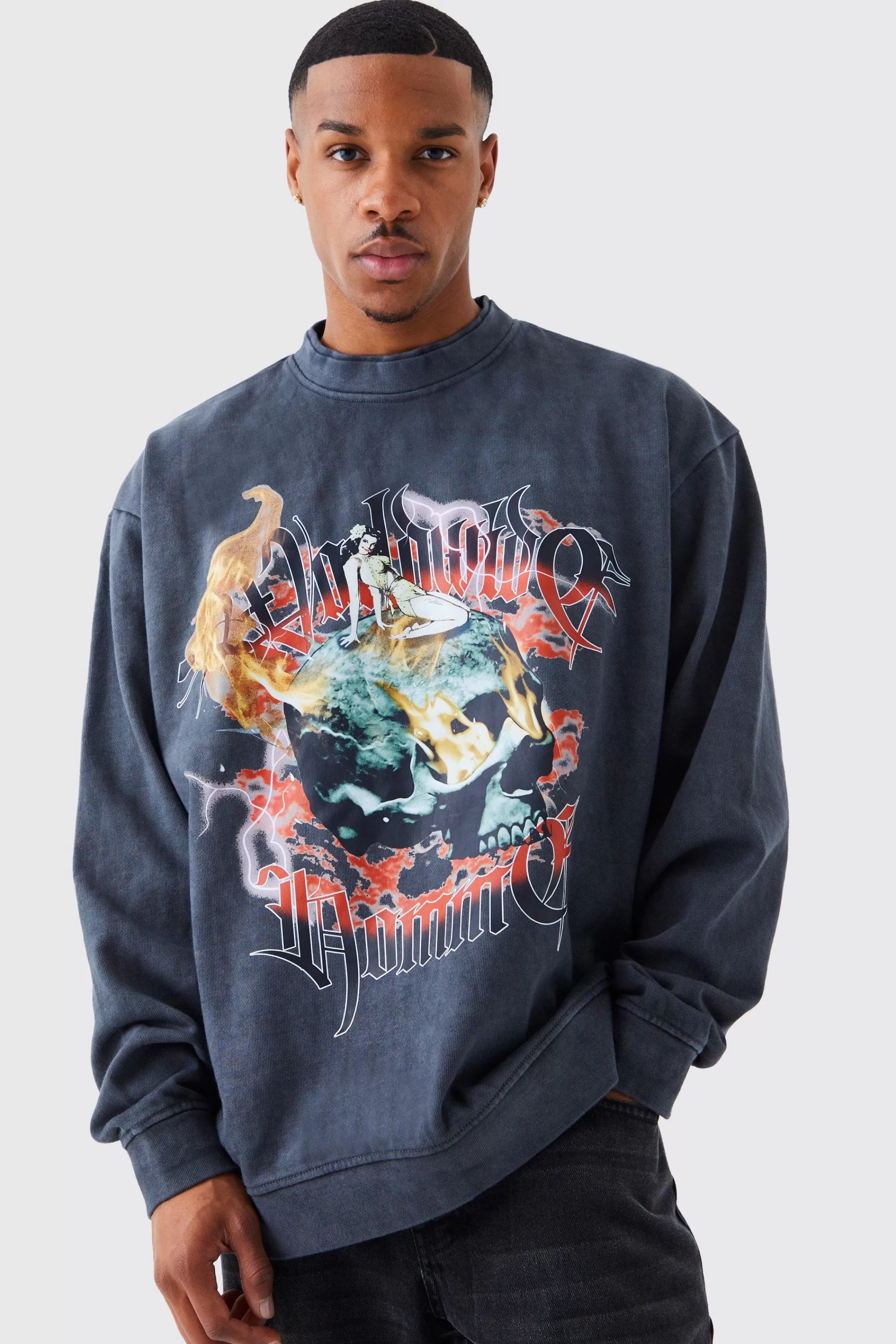 boohooMAN Oversized Heavy Washed Graphic Sweatshirt | UK