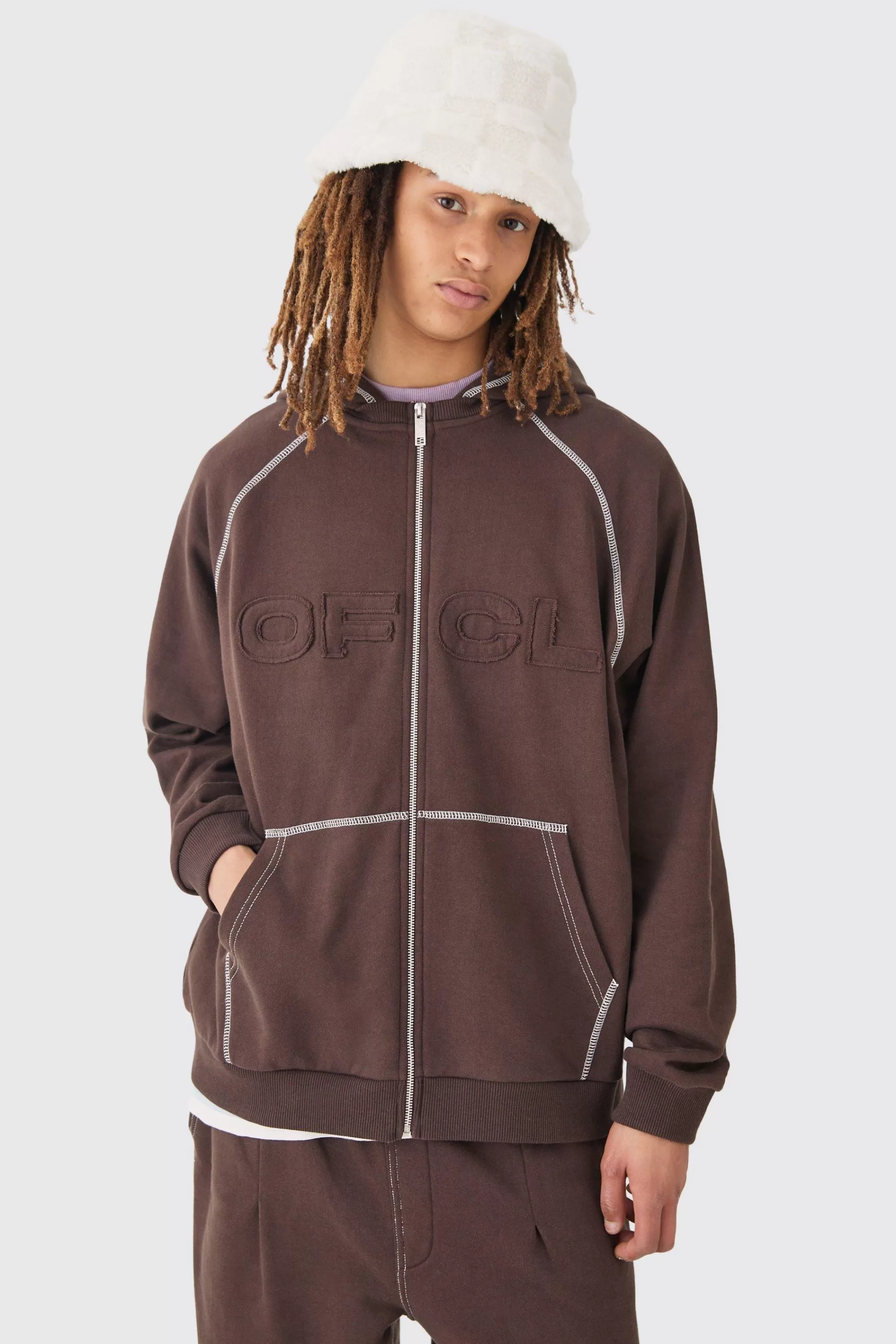boohooMAN Oversized Heavyweight Contrast Stitch OFCL Applique Zip Thru Hoodie | UK