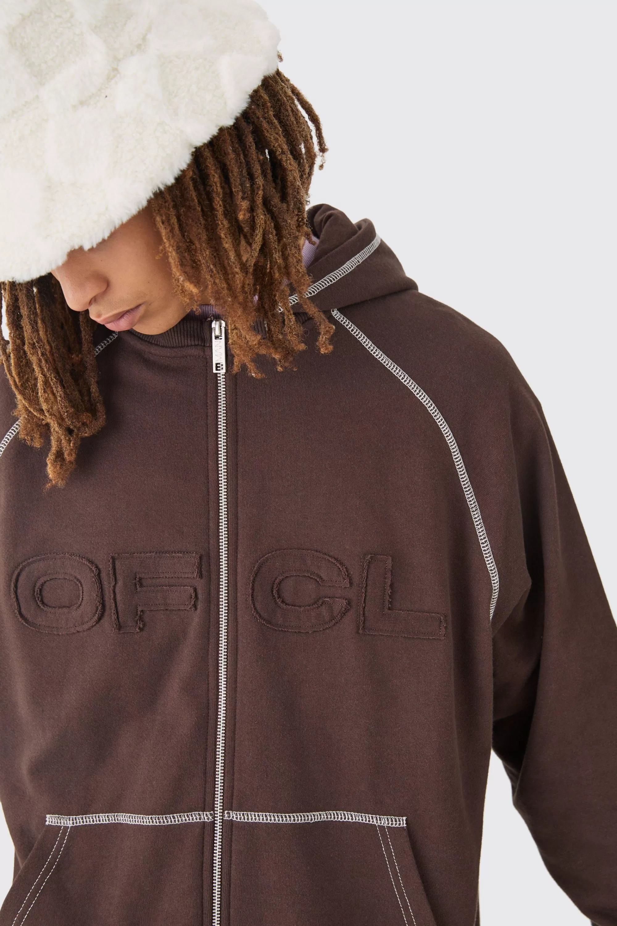 boohooMAN Oversized Heavyweight Contrast Stitch OFCL Applique Zip Thru Hoodie | UK