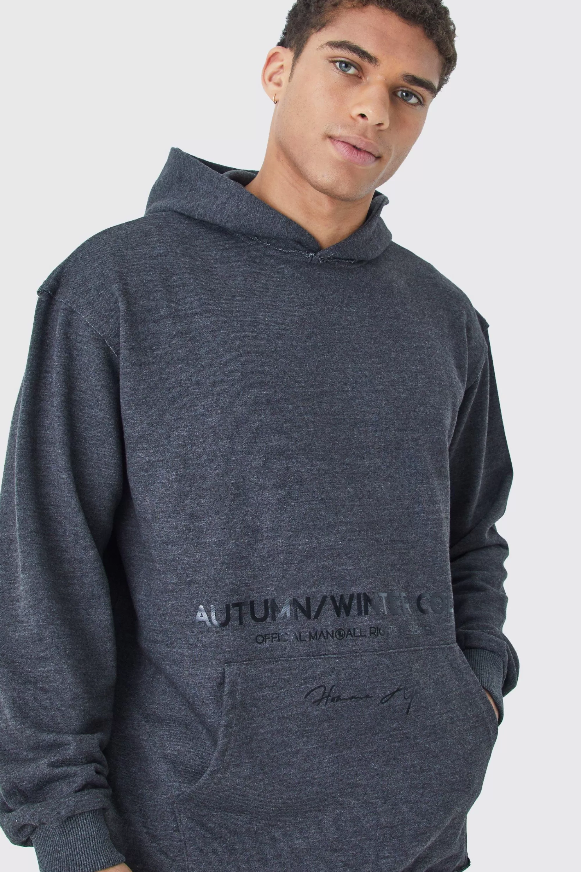 boohooMAN Oversized Heavyweight Loopback Printed Hoodie | UK