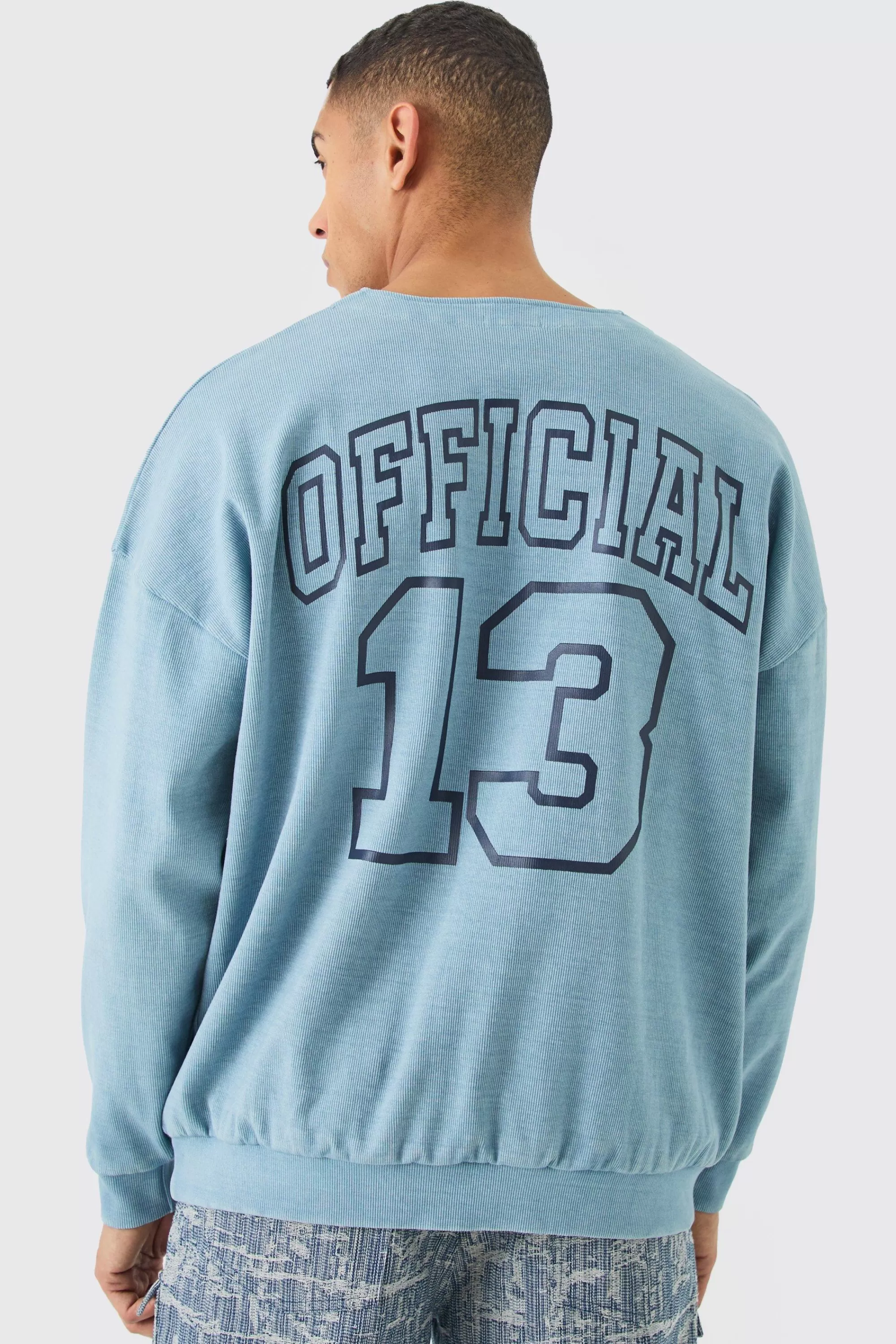 boohooMAN Oversized Heavyweight Ribbed Washed Varsity Hockey Sweatshirt | UK
