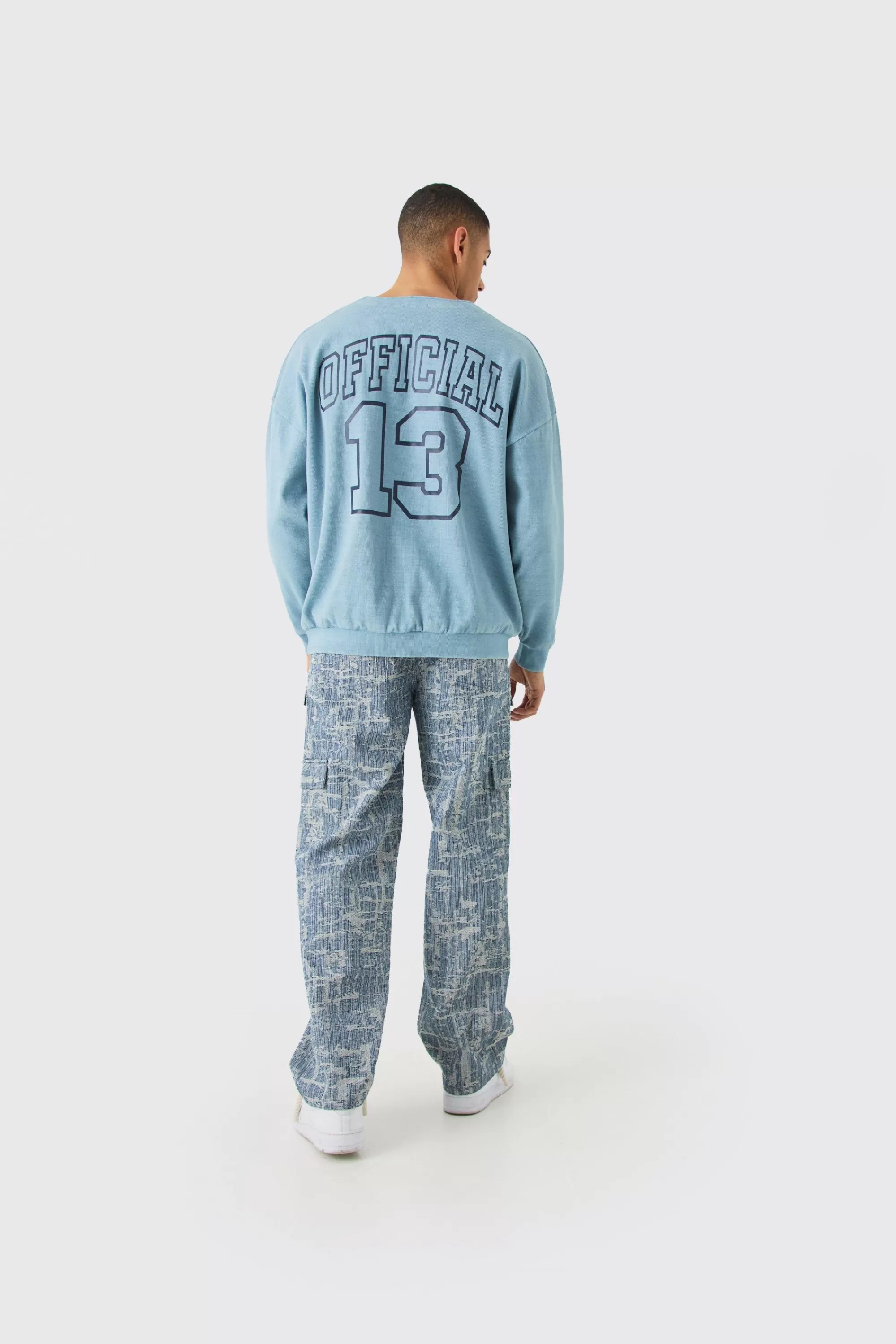 boohooMAN Oversized Heavyweight Ribbed Washed Varsity Hockey Sweatshirt | UK