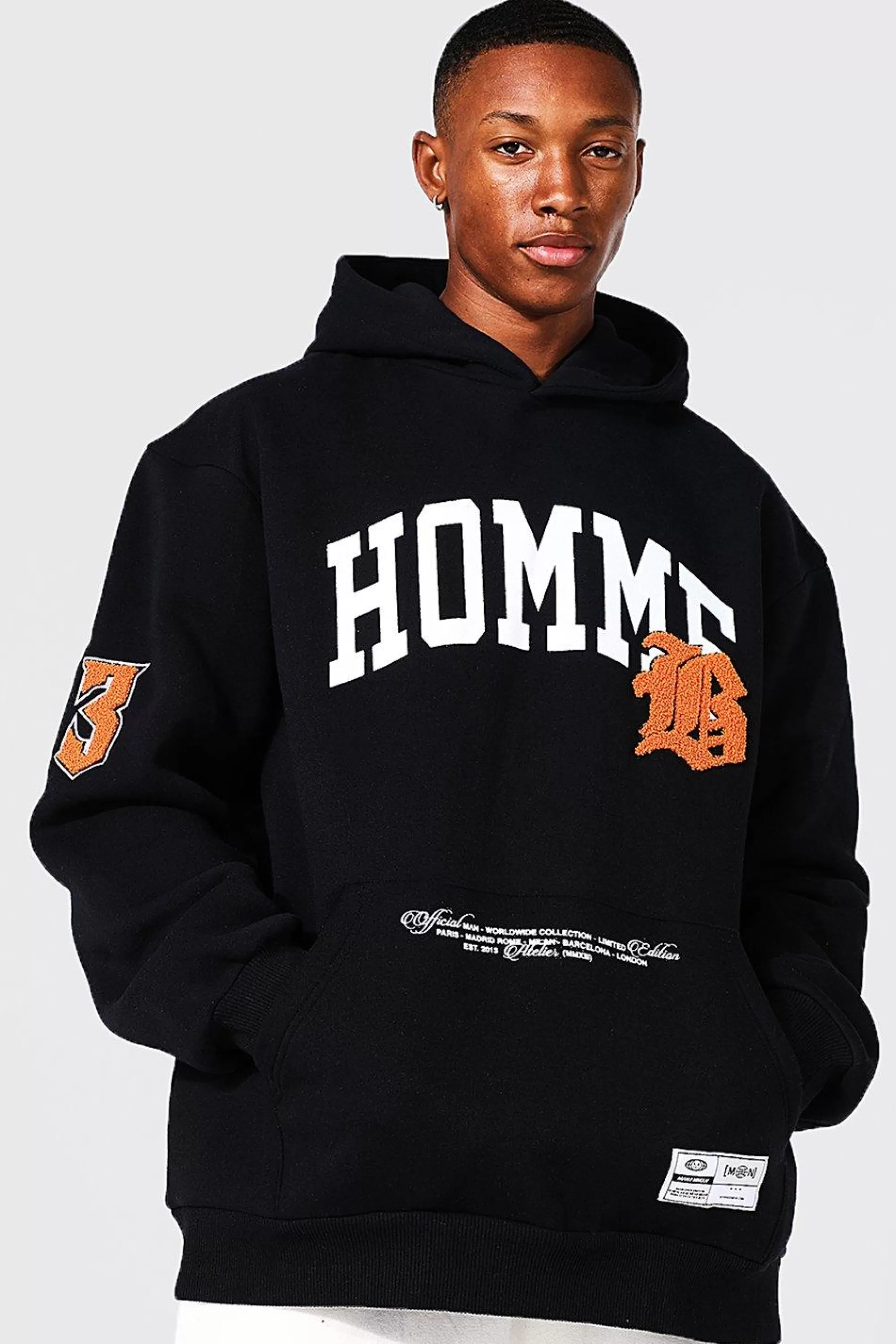 boohooMAN Oversized Homme Applique Varsity Hoodie | UK
