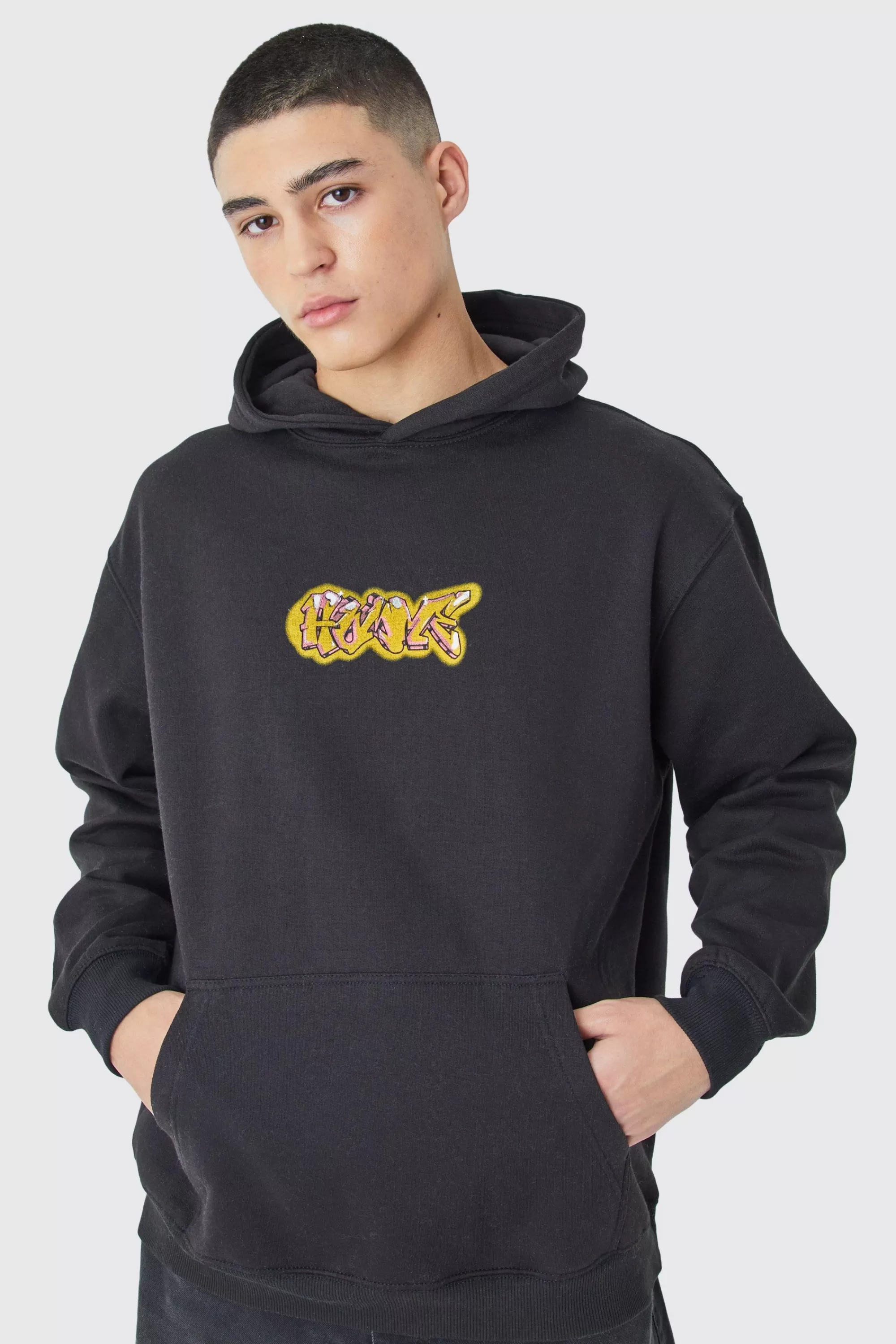 boohooMAN Oversized Homme Graffiti Graphic Hoodie | UK