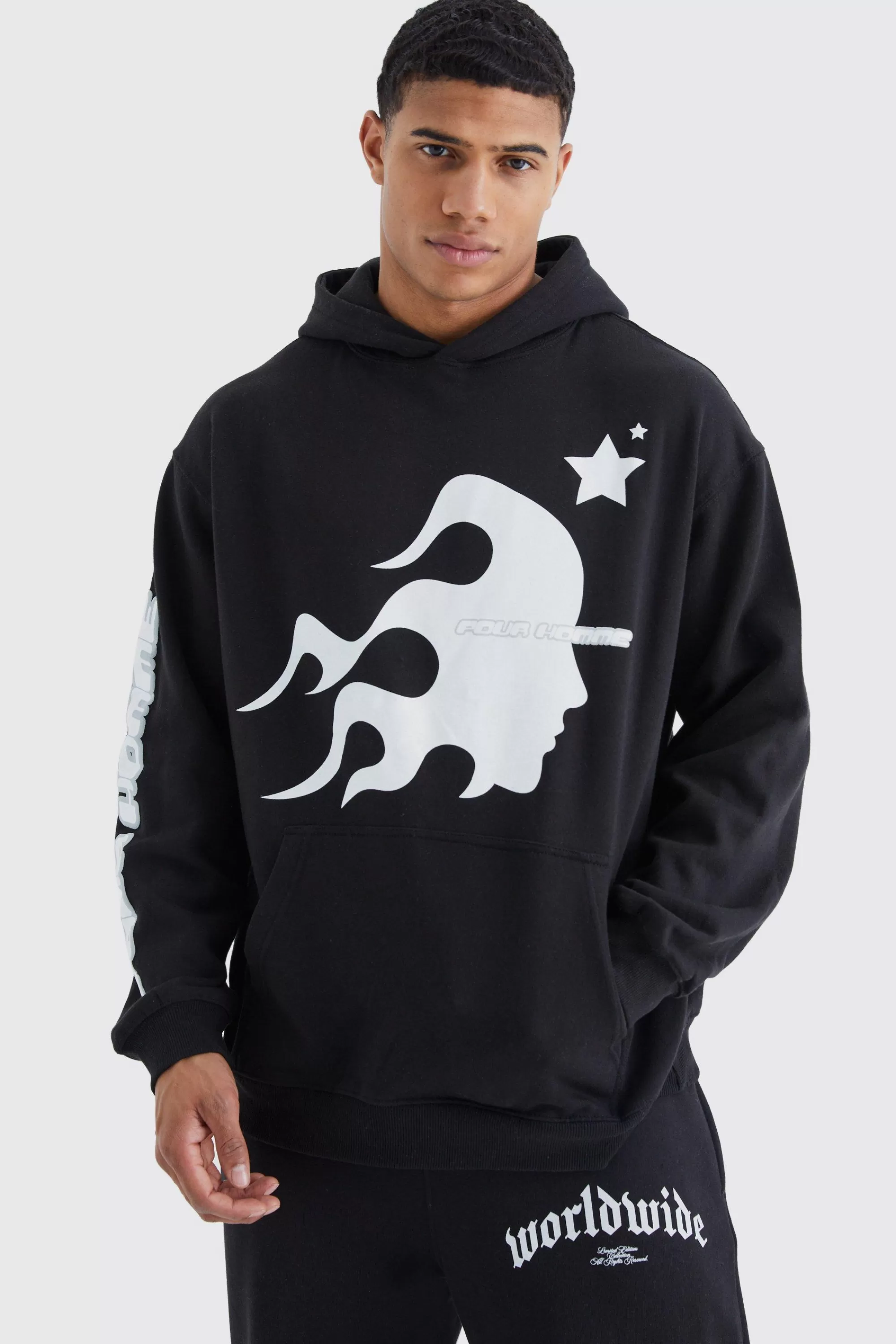 boohooMAN Oversized Homme Graphic Puff Print Hoodie | UK
