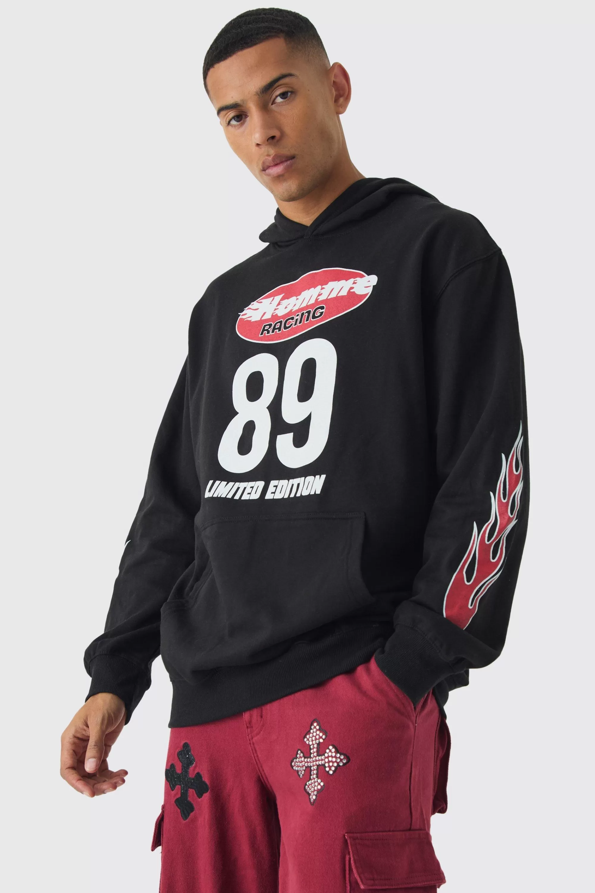 boohooMAN Oversized Homme Moto Printed Hoodie | UK
